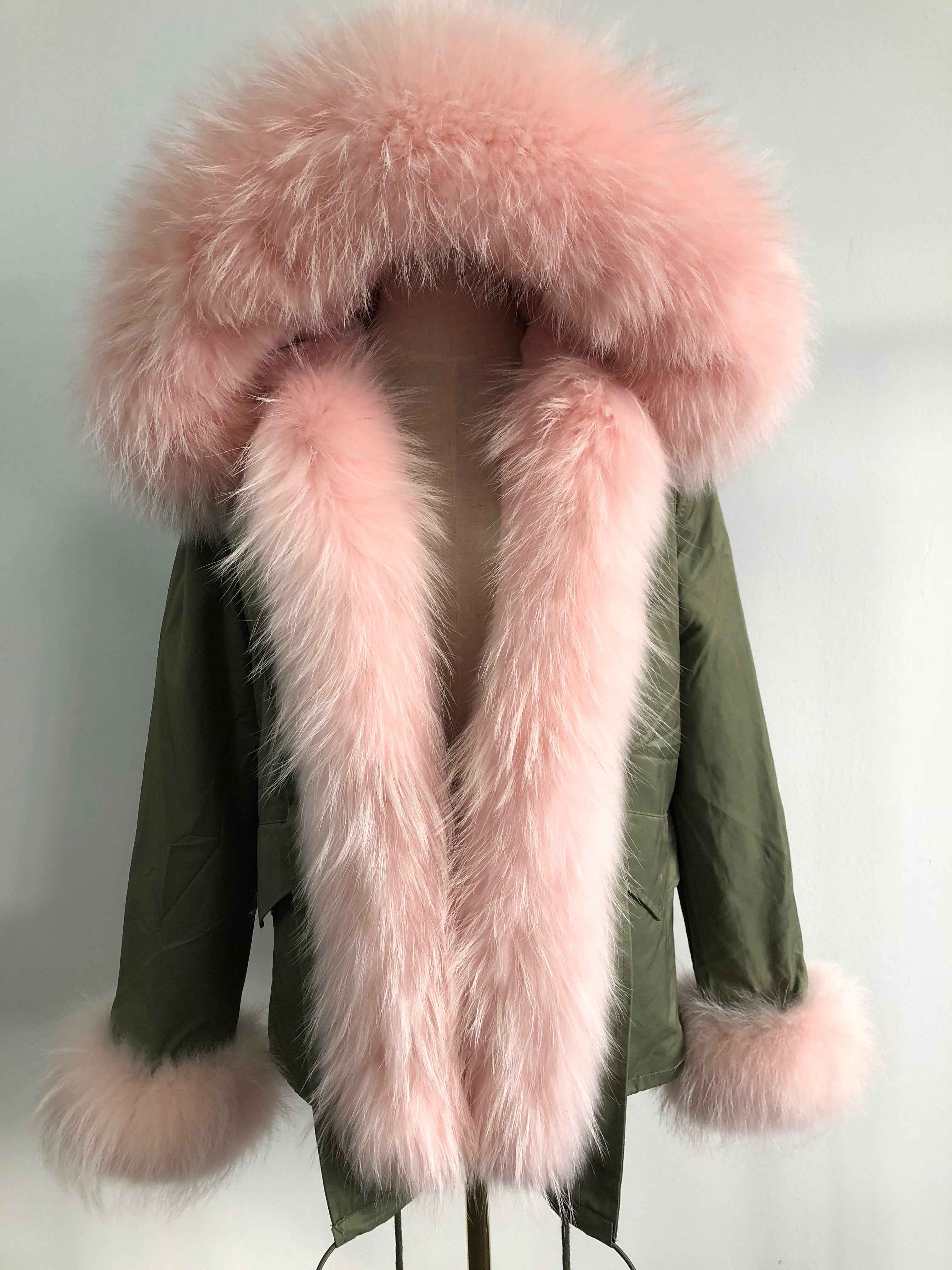Short Parka with Pink Raccoon Fur Trim – Hooded Winter Coat for Women, Faux Fur Lining & Cuffs, Warm and Stylish Outerwear 7#Green