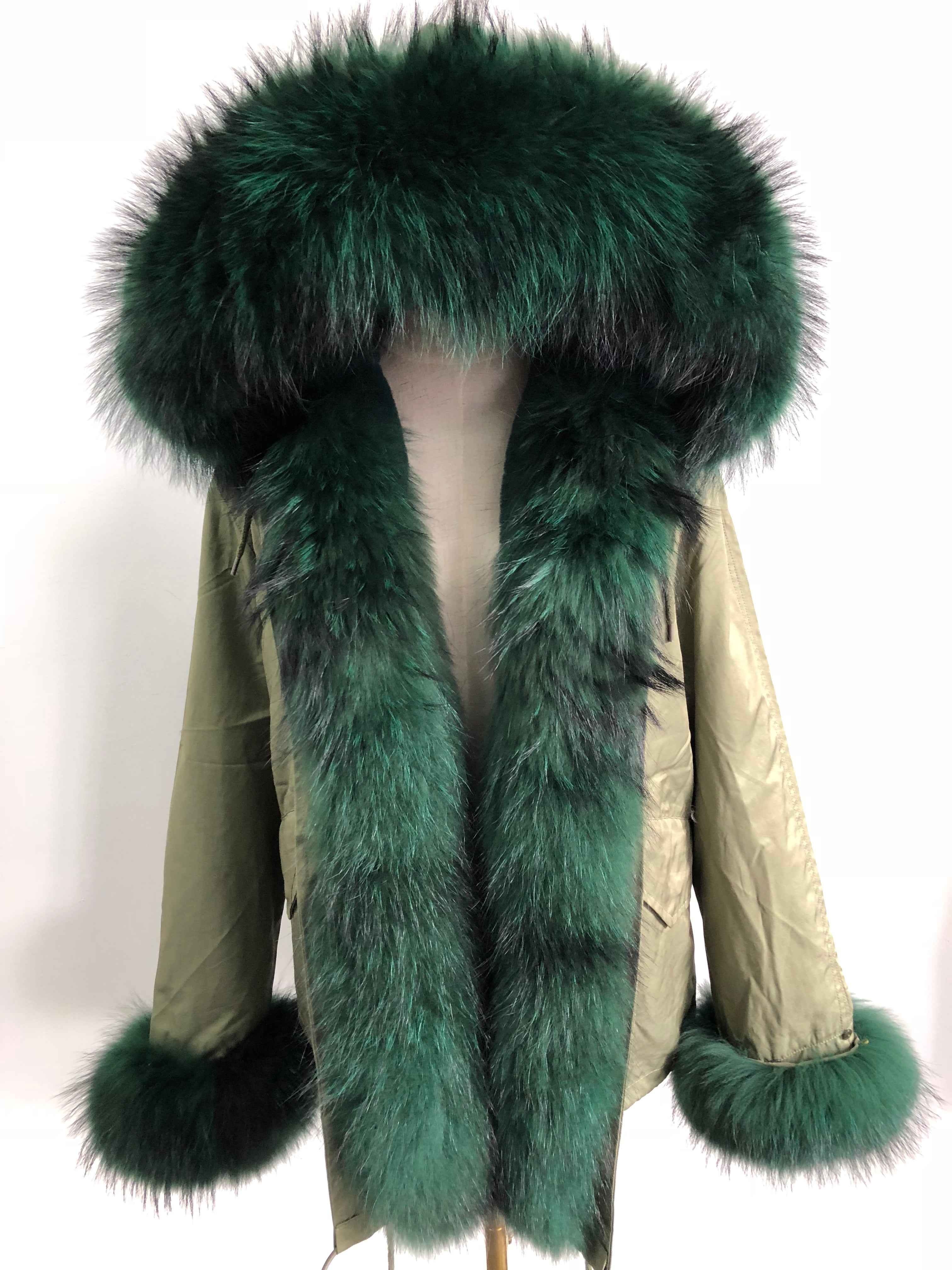 Short Parka with Pink Raccoon Fur Trim – Hooded Winter Coat for Women, Faux Fur Lining & Cuffs, Warm and Stylish Outerwear 3#Green