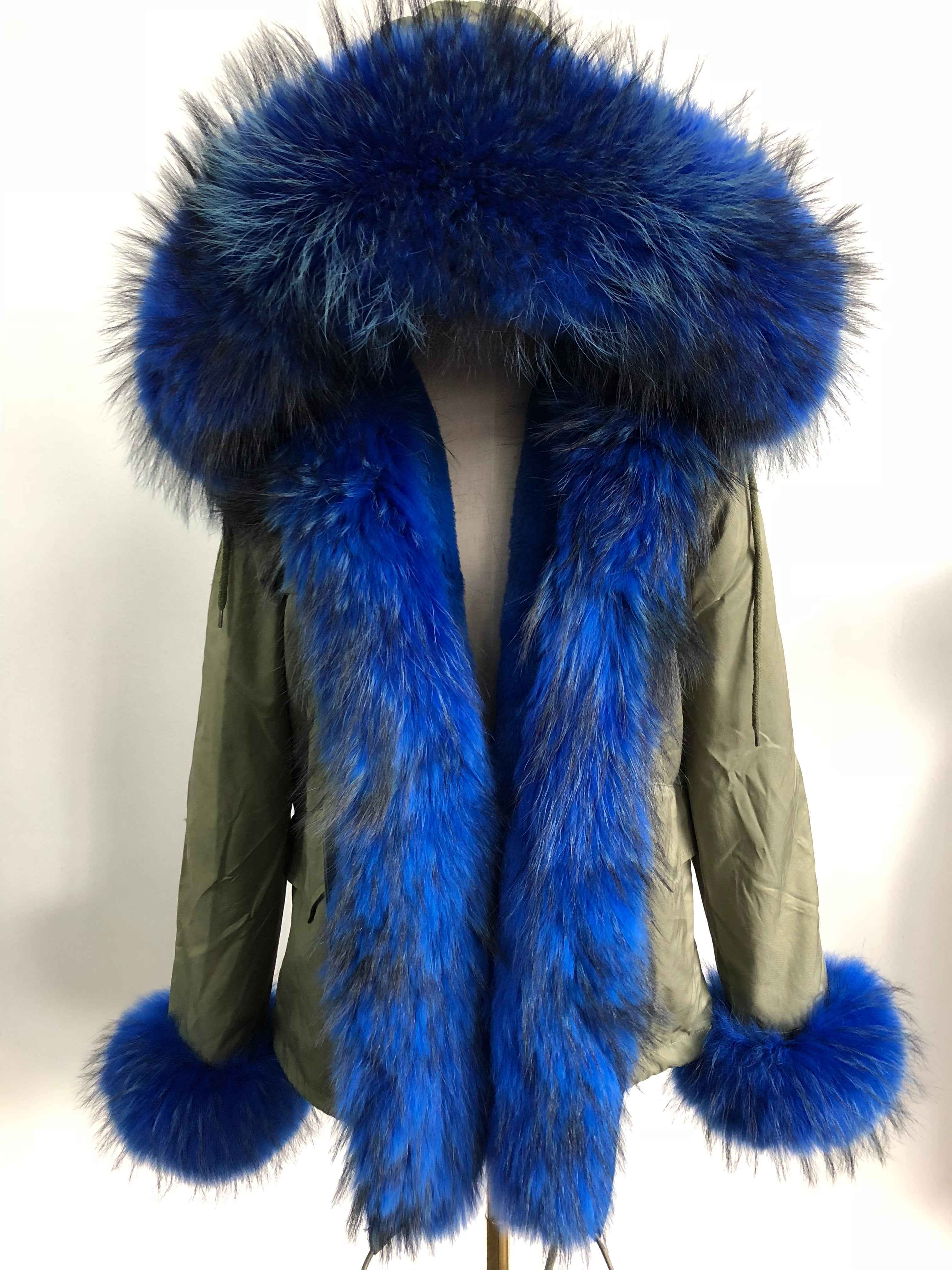 Short Parka with Pink Raccoon Fur Trim – Hooded Winter Coat for Women, Faux Fur Lining & Cuffs, Warm and Stylish Outerwear 5#Green