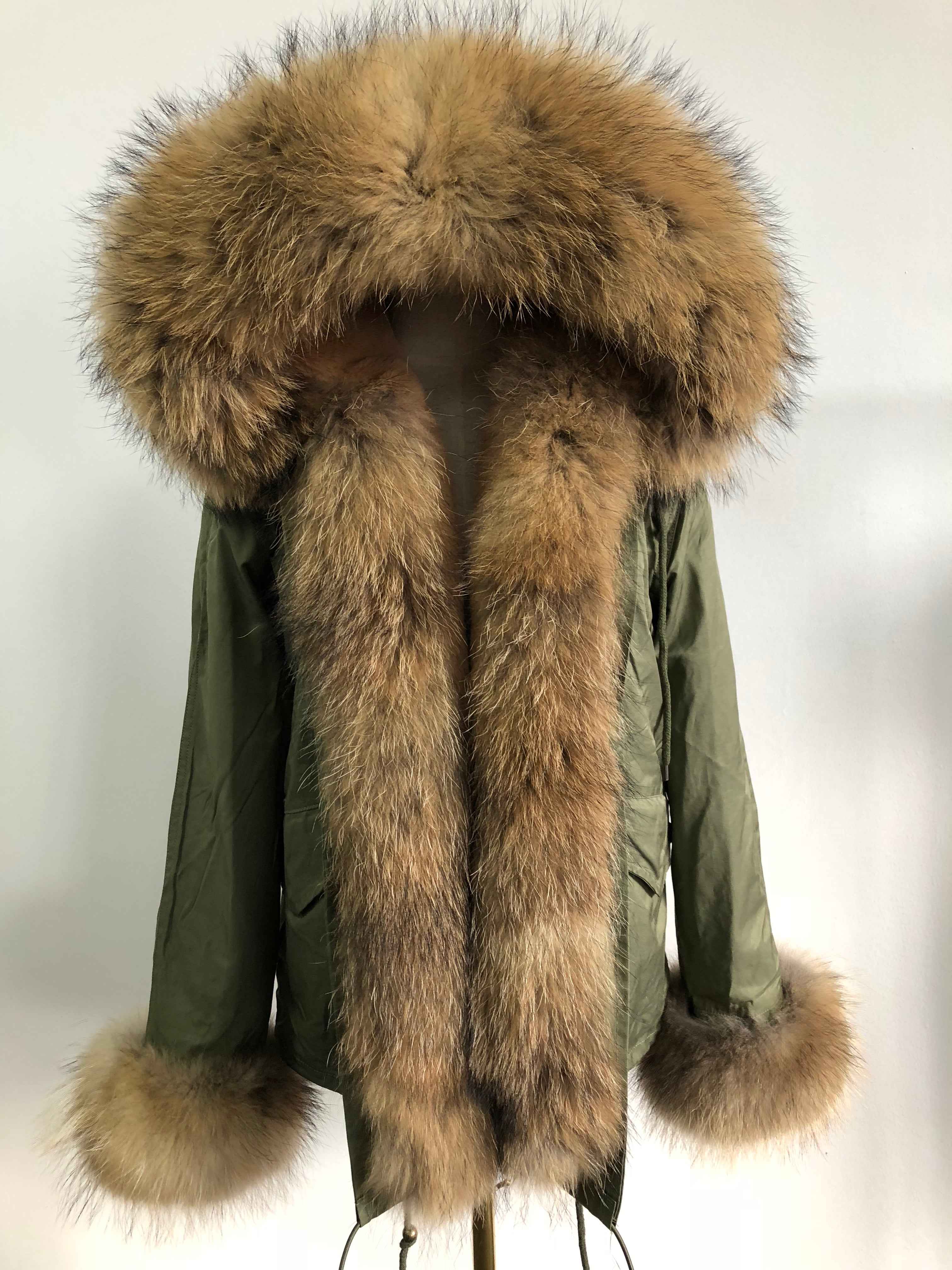 Short Parka with Pink Raccoon Fur Trim – Hooded Winter Coat for Women, Faux Fur Lining & Cuffs, Warm and Stylish Outerwear 2#Green