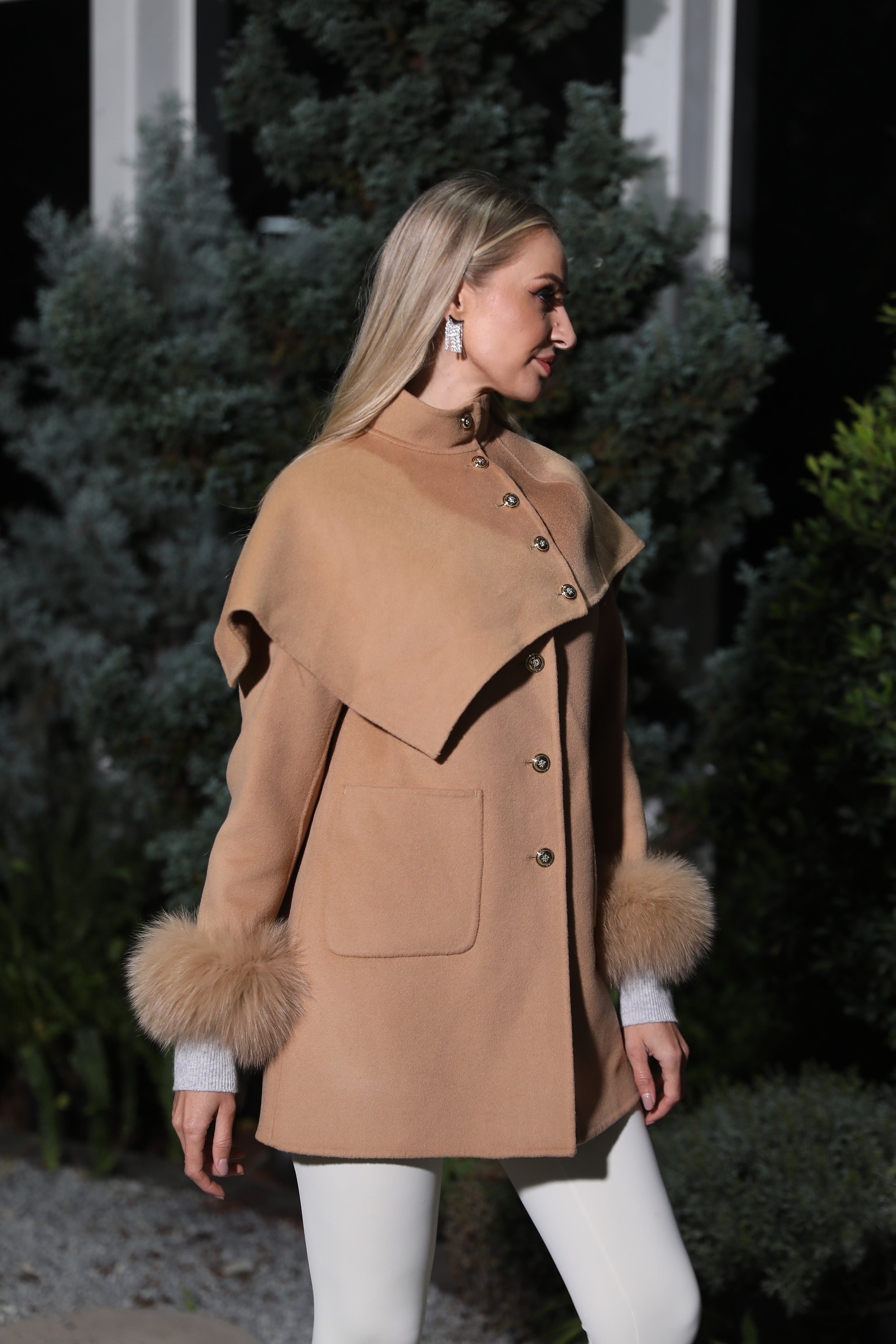 Women’s Camel Double-Faced Wool Cape Coat – Mid-Length Asymmetric Buttoned Winter Jacket for Elegant Fashion