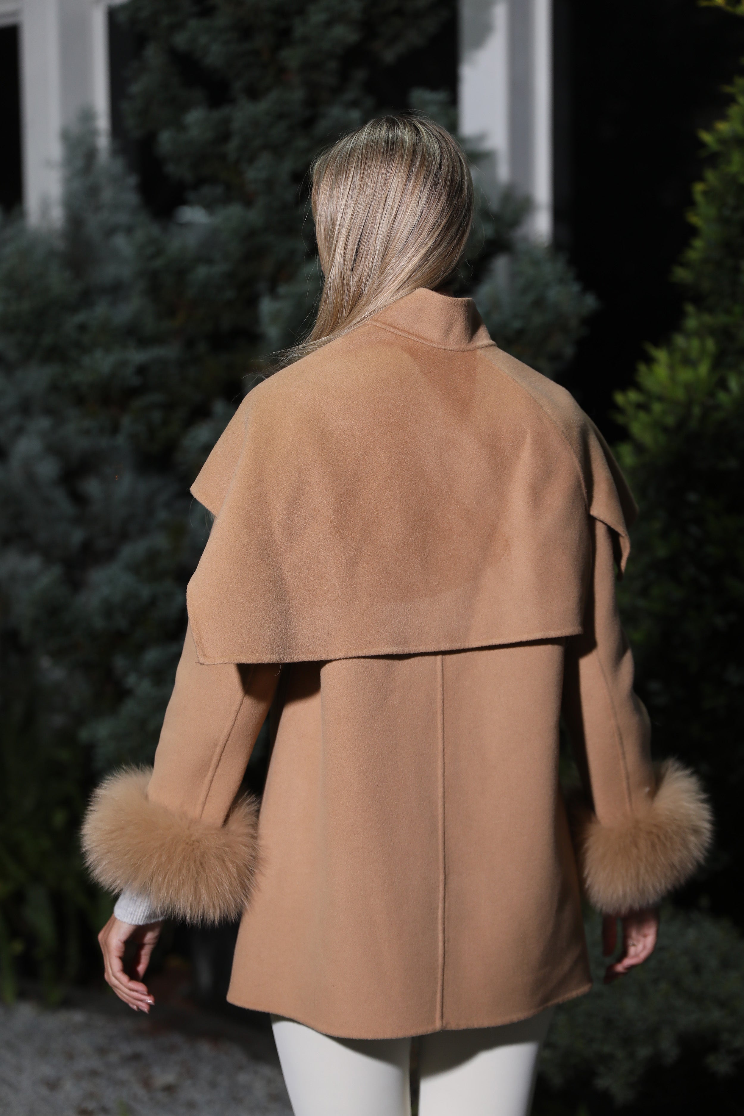 Women’s Camel Double-Faced Wool Cape Coat – Mid-Length Asymmetric Buttoned Winter Jacket for Elegant Fashion