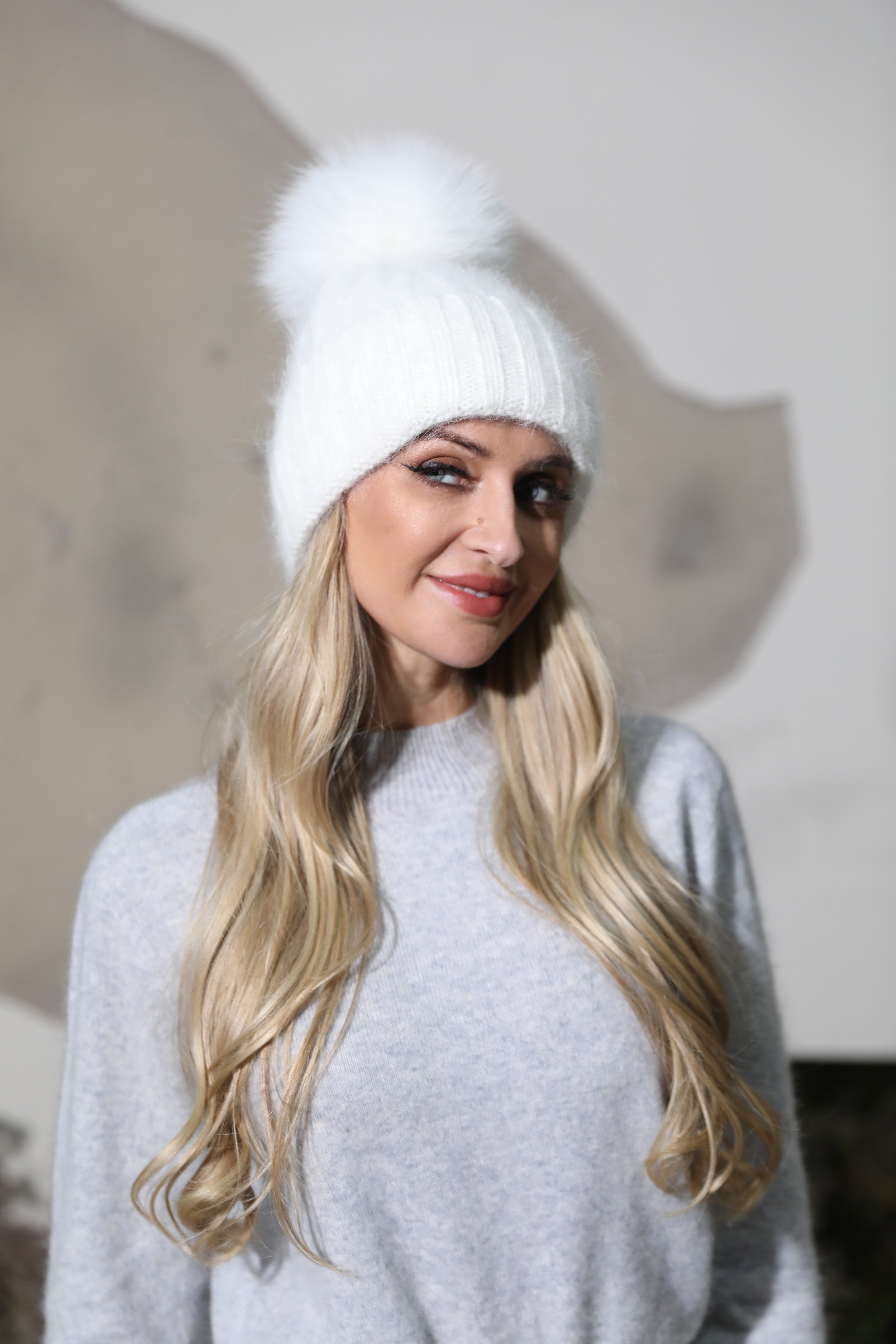 Women’s Light Pink Angora Knit Beanie with Reverse Fur Texture – Soft Winter Hat for Cozy Fashion White F