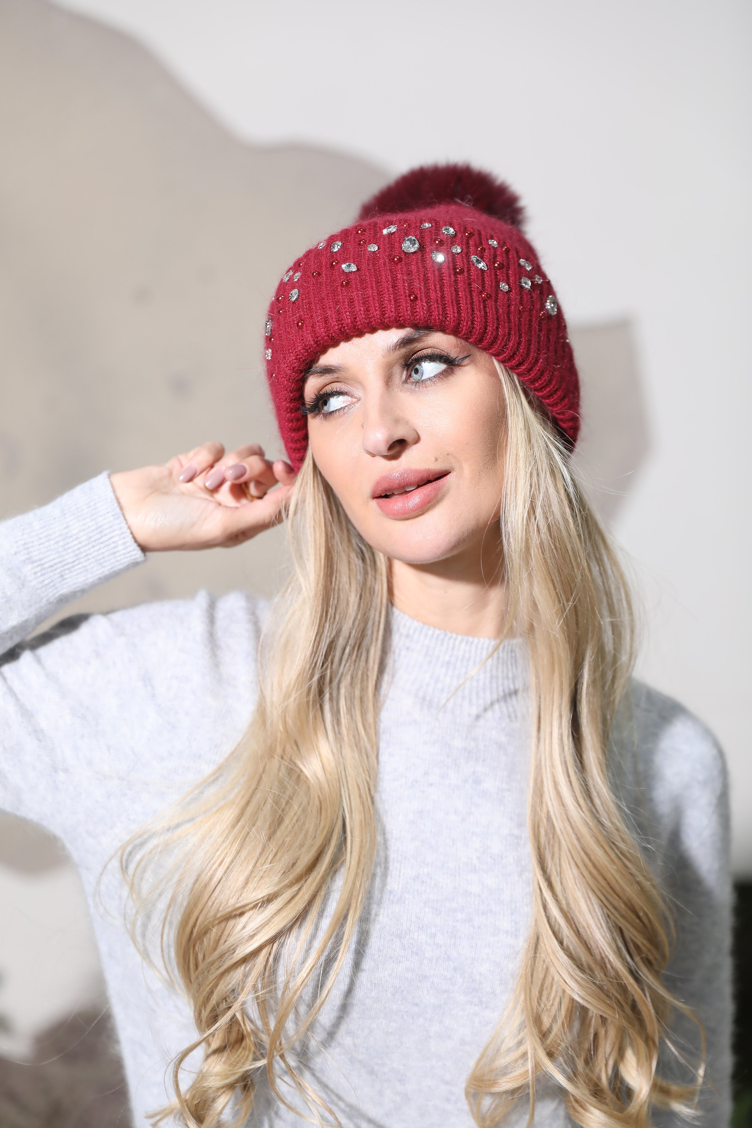 Women’s Burgundy Angora Knit Beanie with Rhinestone Embellishments – Elegant Winter Hat for Festive Fashion
