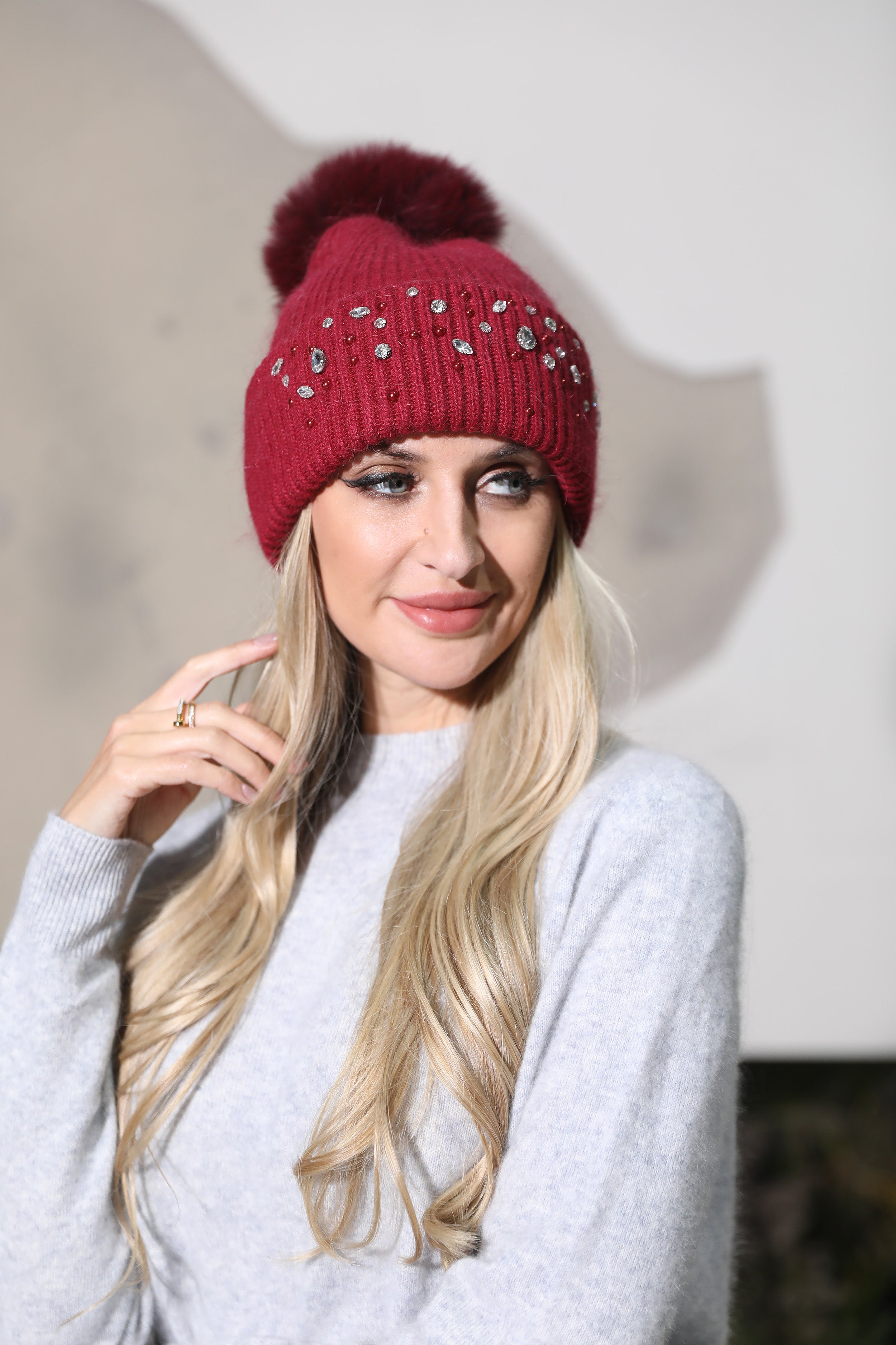 Women’s Burgundy Angora Knit Beanie with Rhinestone Embellishments – Elegant Winter Hat for Festive Fashion Red F