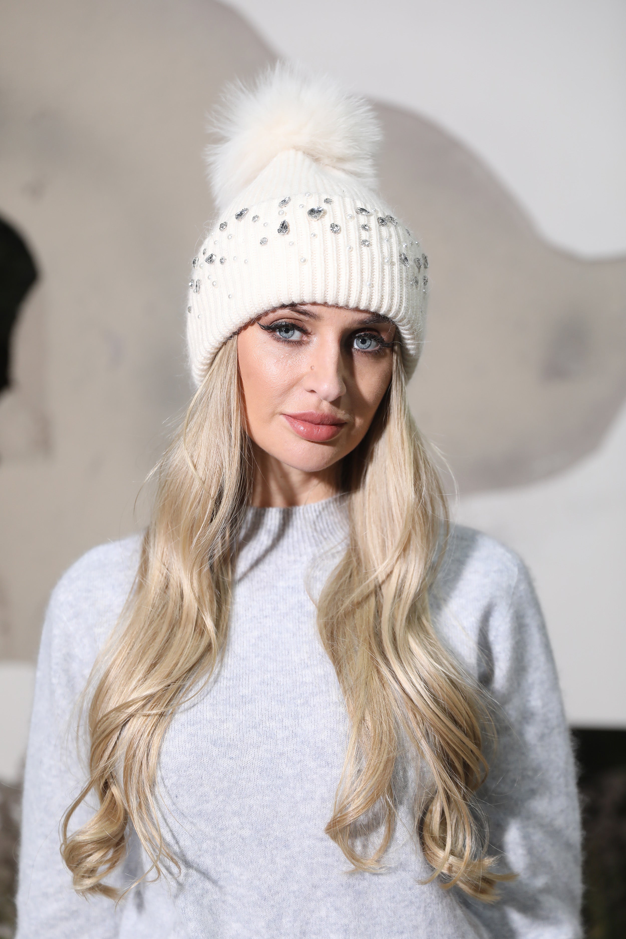 Women’s Burgundy Angora Knit Beanie with Rhinestone Embellishments – Elegant Winter Hat for Festive Fashion White F