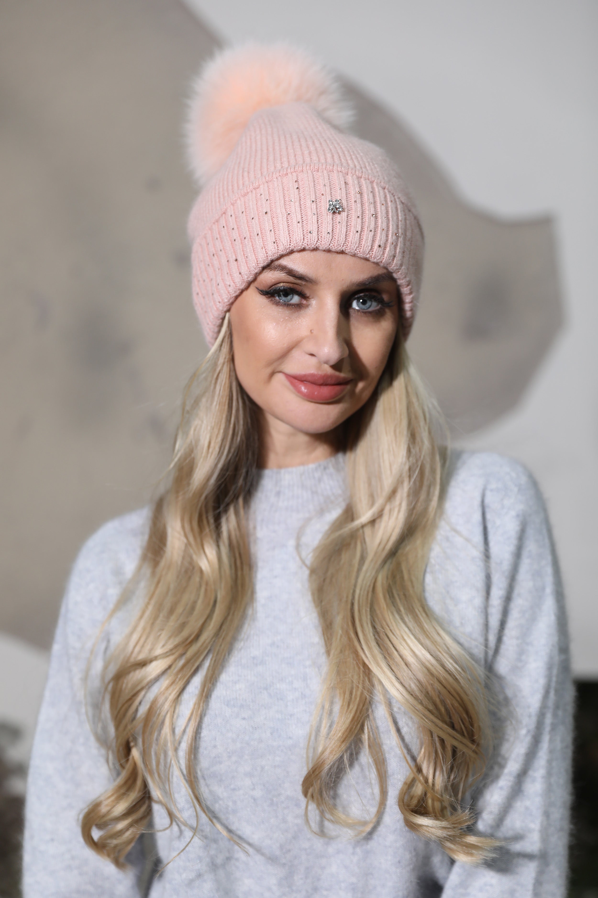 Women’s Light Pink Angora Knit Beanie with Butterfly Rhinestone – Elegant Winter Hat for Fashionable Style Pink F