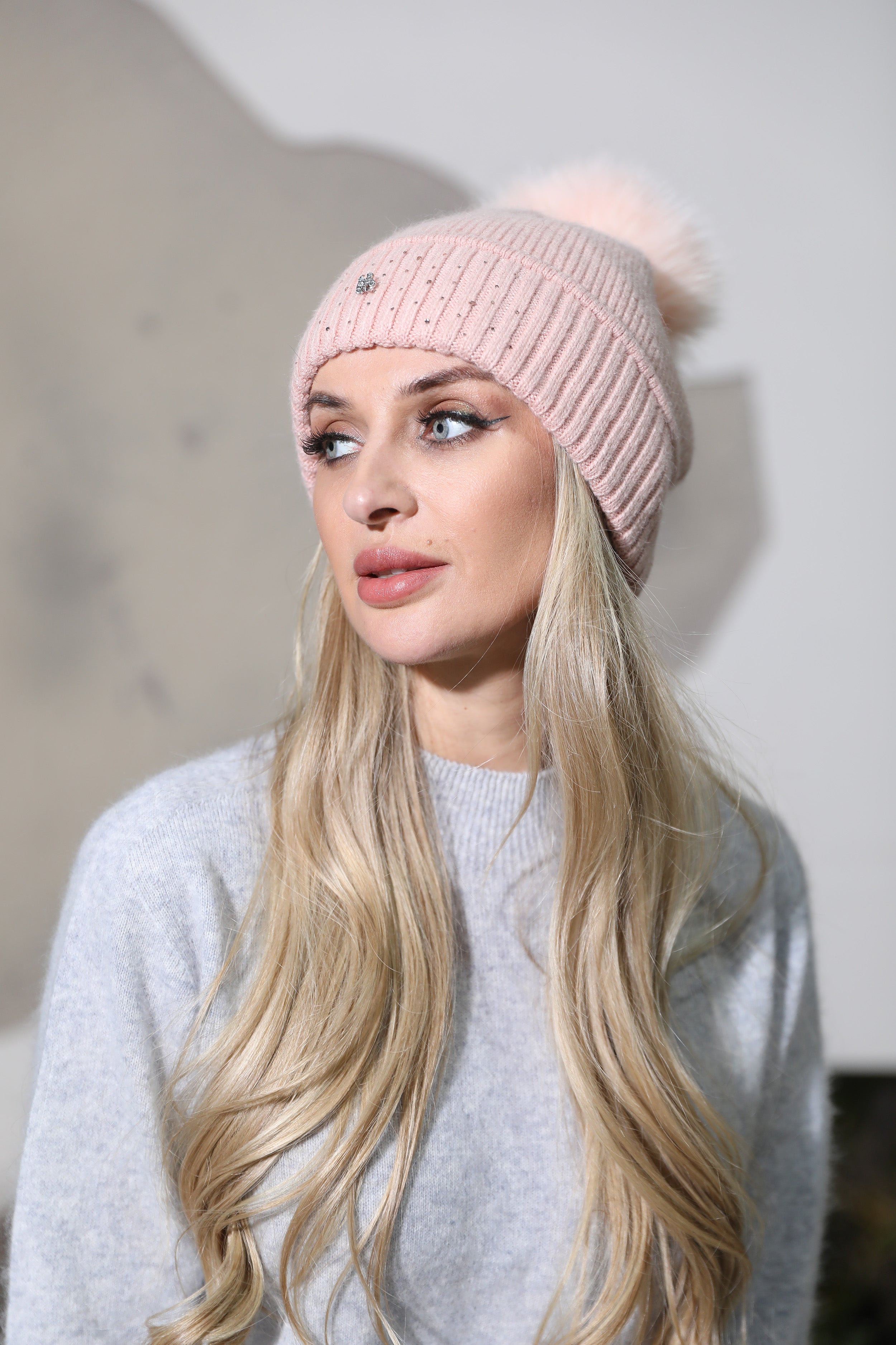 Women’s Light Pink Angora Knit Beanie with Butterfly Rhinestone – Elegant Winter Hat for Fashionable Style