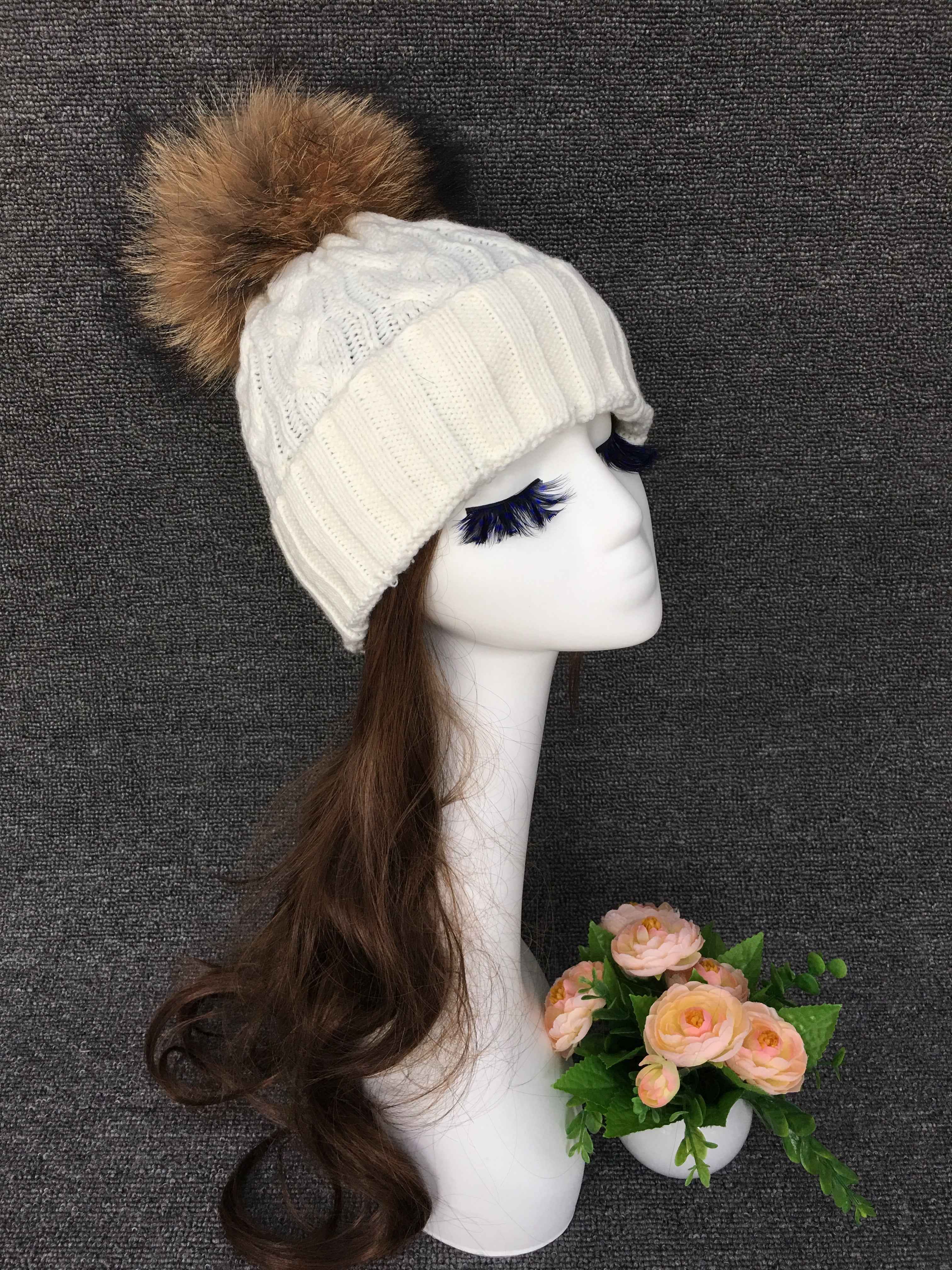 Women's Black Knit Beanie with Raccoon Fur Pom Pom – Winter Hat for Cold Weather, Warm and Stylish Snow Cap 5# F