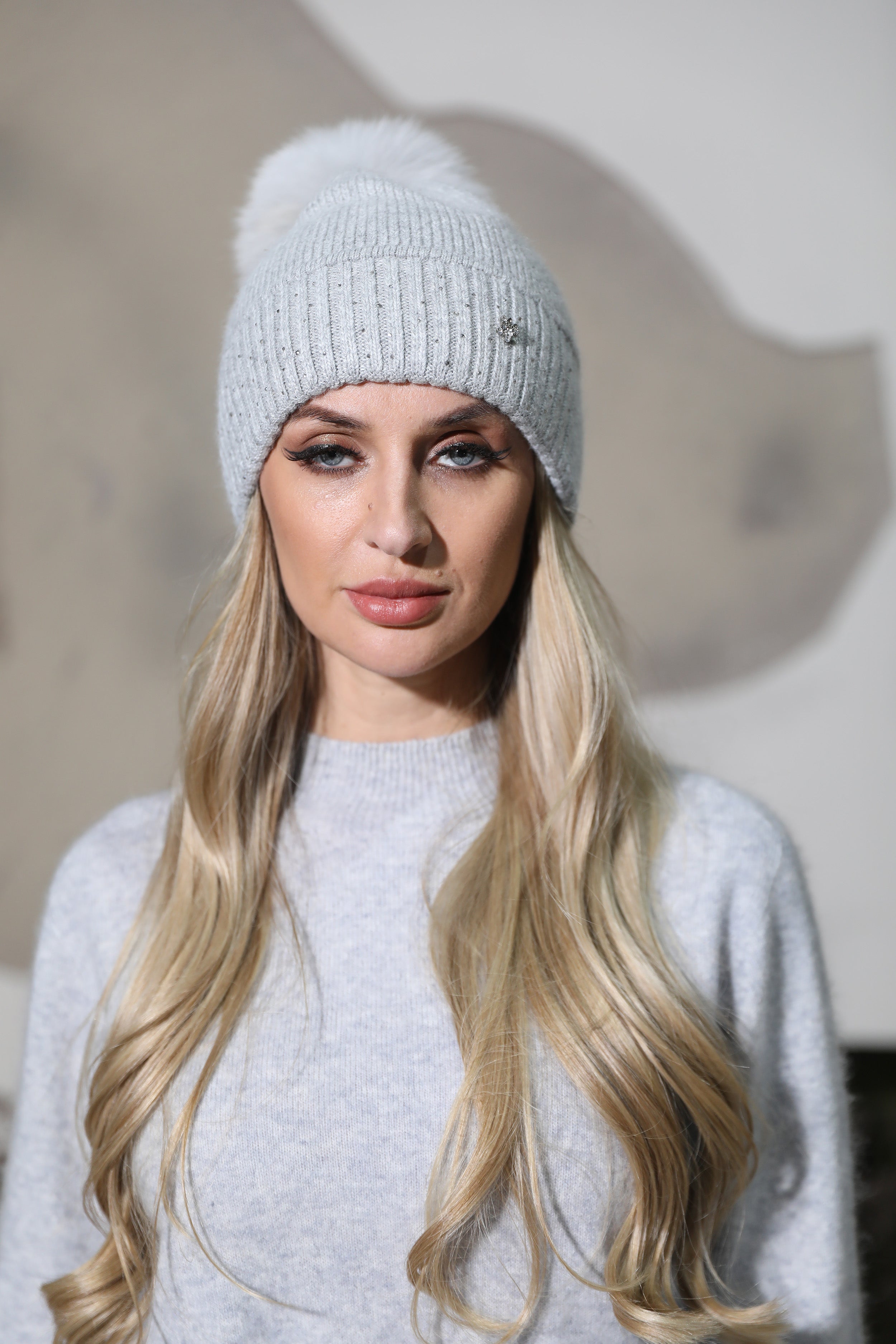 Women’s Light Pink Angora Knit Beanie with Butterfly Rhinestone – Elegant Winter Hat for Fashionable Style Grey F