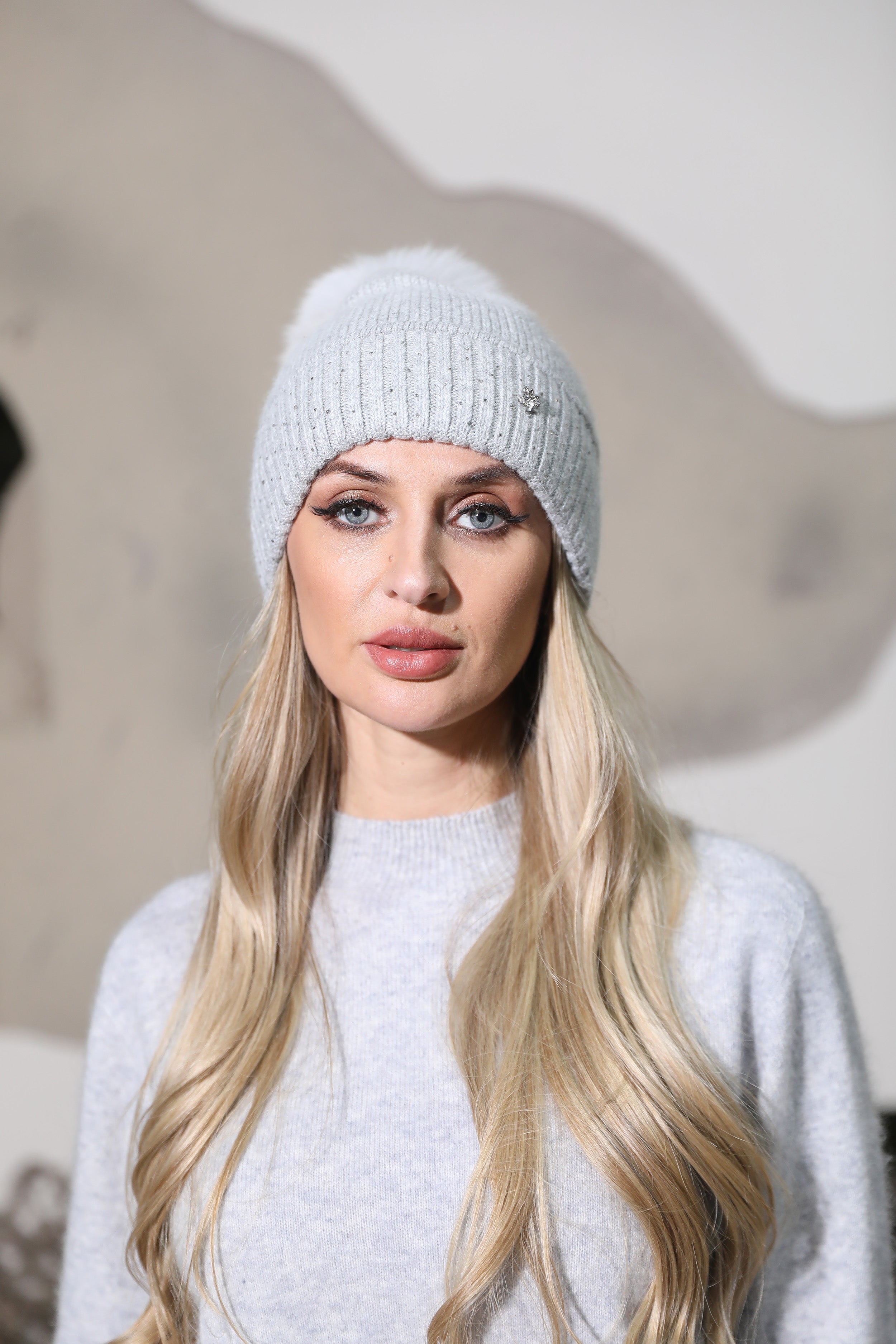 Women’s Light Pink Angora Knit Beanie with Butterfly Rhinestone – Elegant Winter Hat for Fashionable Style