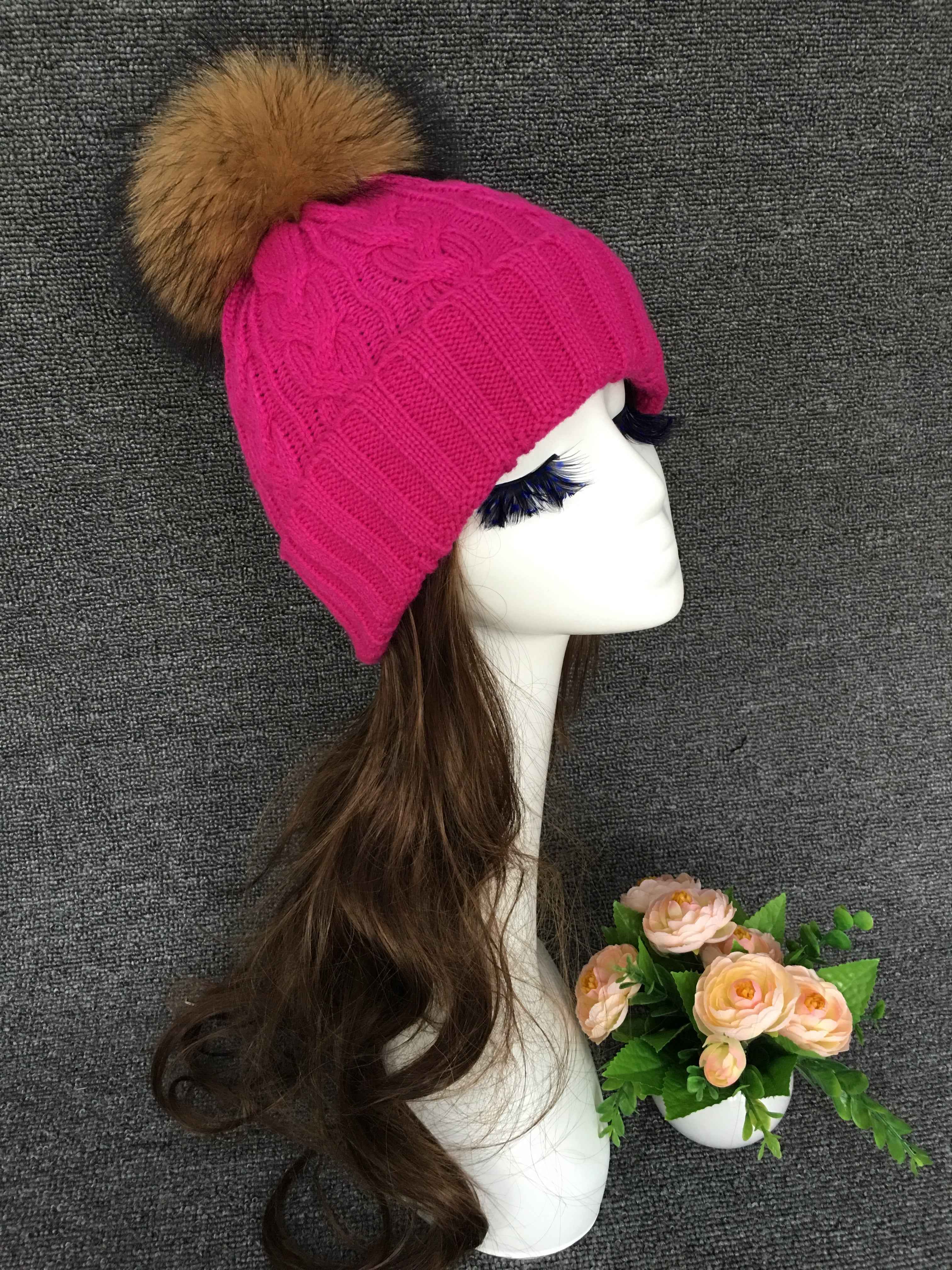 Women's Black Knit Beanie with Raccoon Fur Pom Pom – Winter Hat for Cold Weather, Warm and Stylish Snow Cap