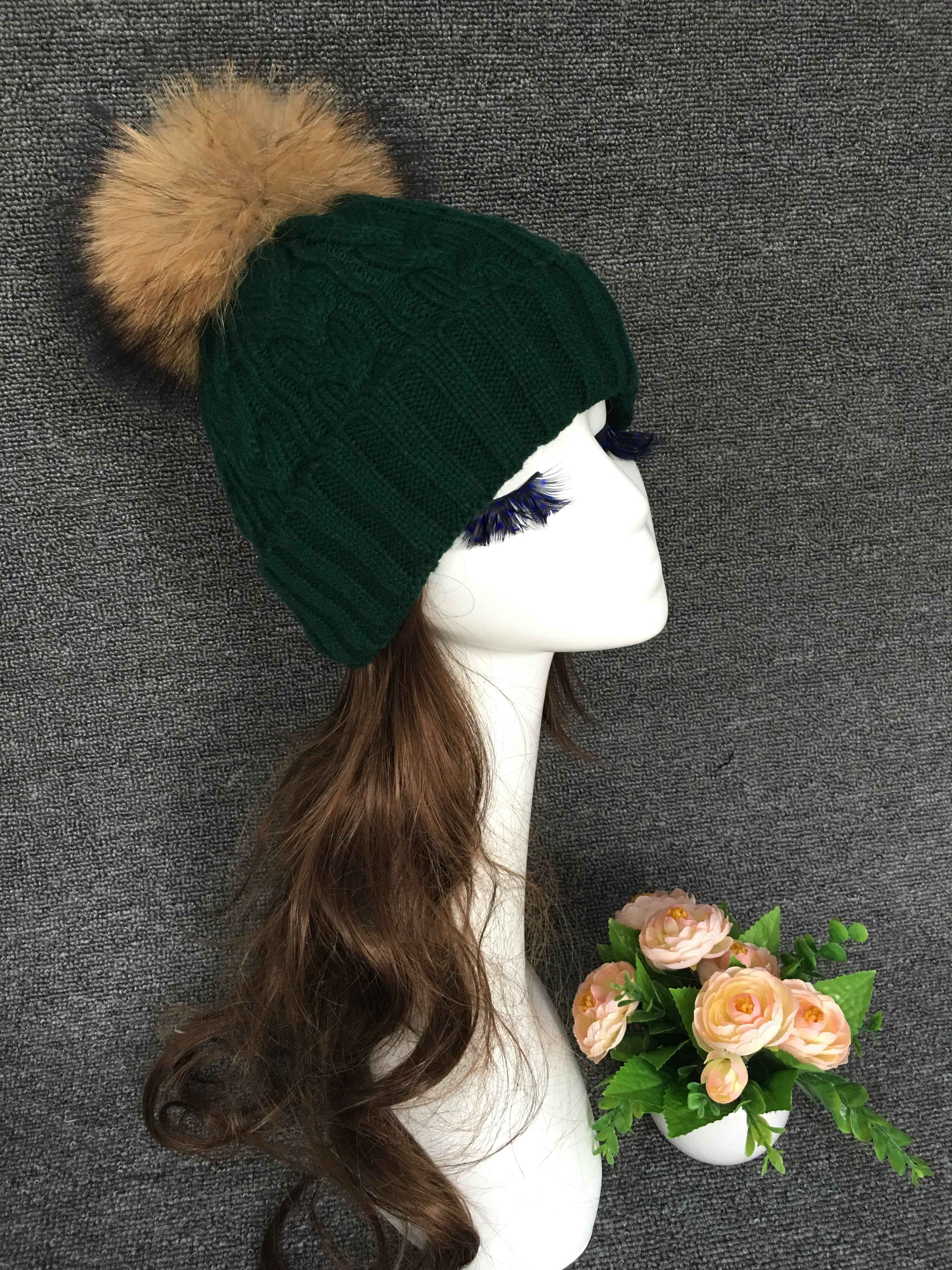 Women's Black Knit Beanie with Raccoon Fur Pom Pom – Winter Hat for Cold Weather, Warm and Stylish Snow Cap 14# F