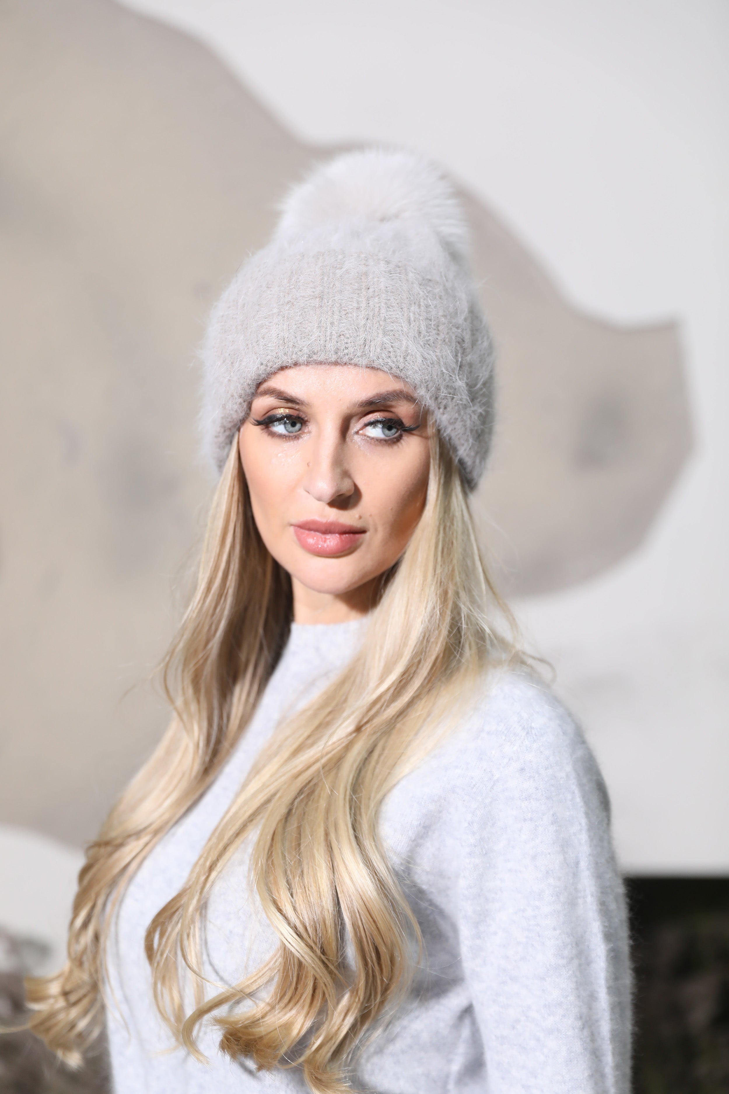 Women’s Light Pink Angora Knit Beanie with Reverse Fur Texture – Soft Winter Hat for Cozy Fashion