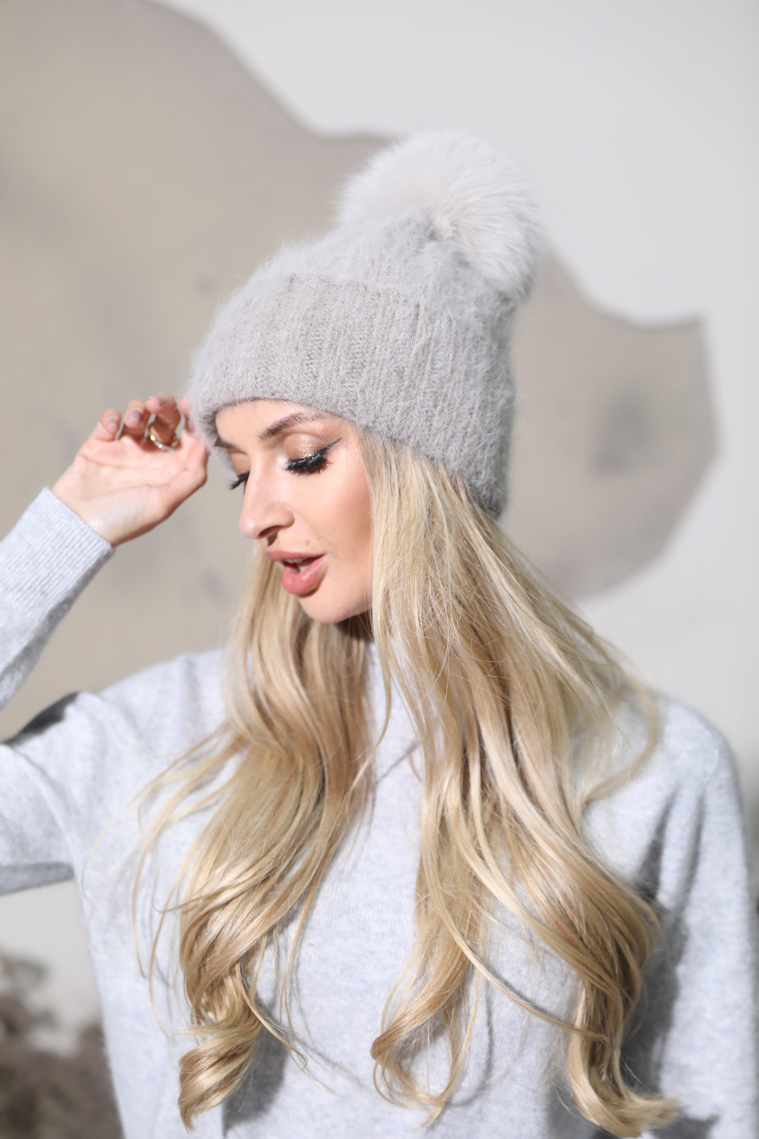 Women’s Light Pink Angora Knit Beanie with Reverse Fur Texture – Soft Winter Hat for Cozy Fashion Grey F