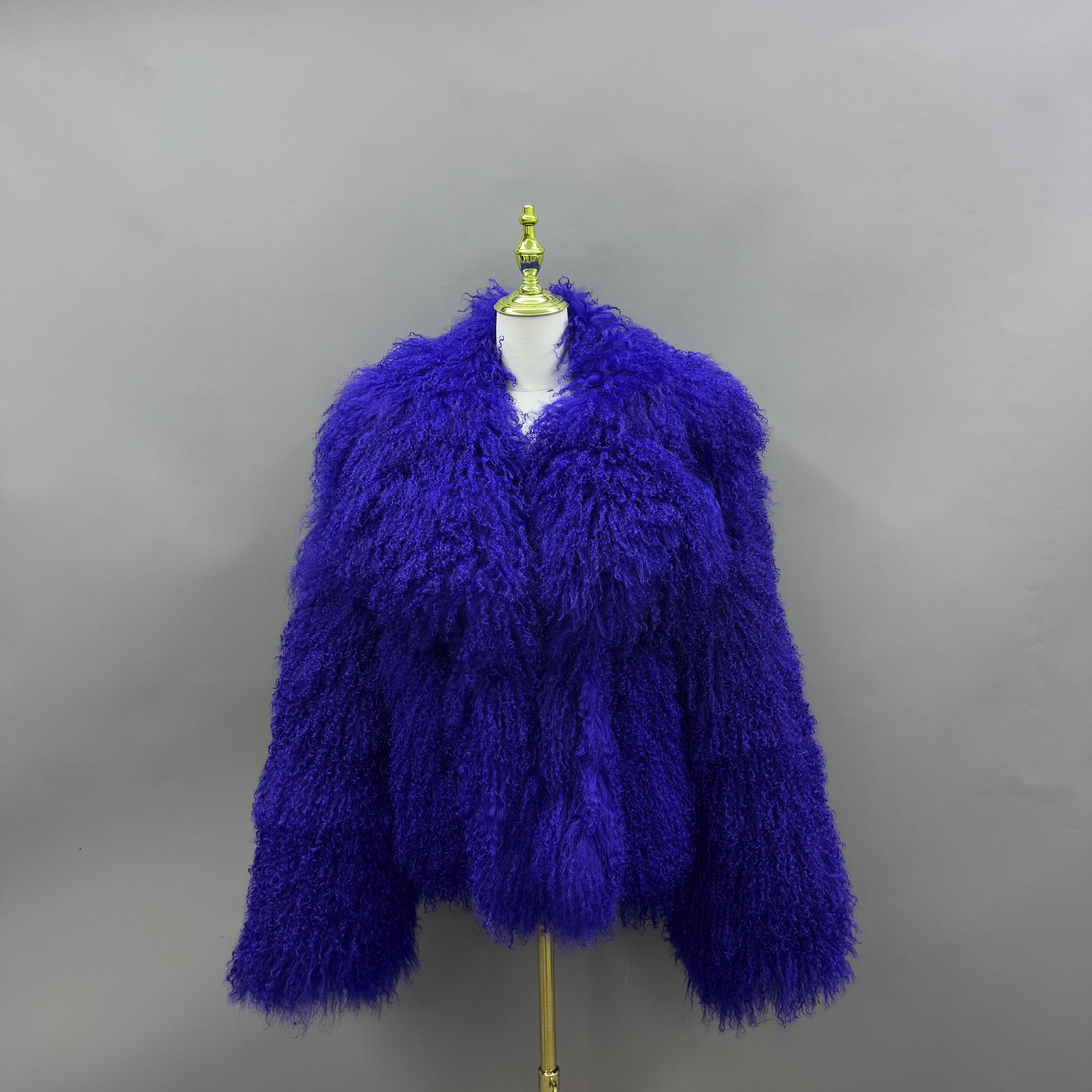Women's Royal Purple Mongolian Lamb Fur Coat – Notch Lapel, Mid-Length, Stylish Winter Outerwear for Women Blue