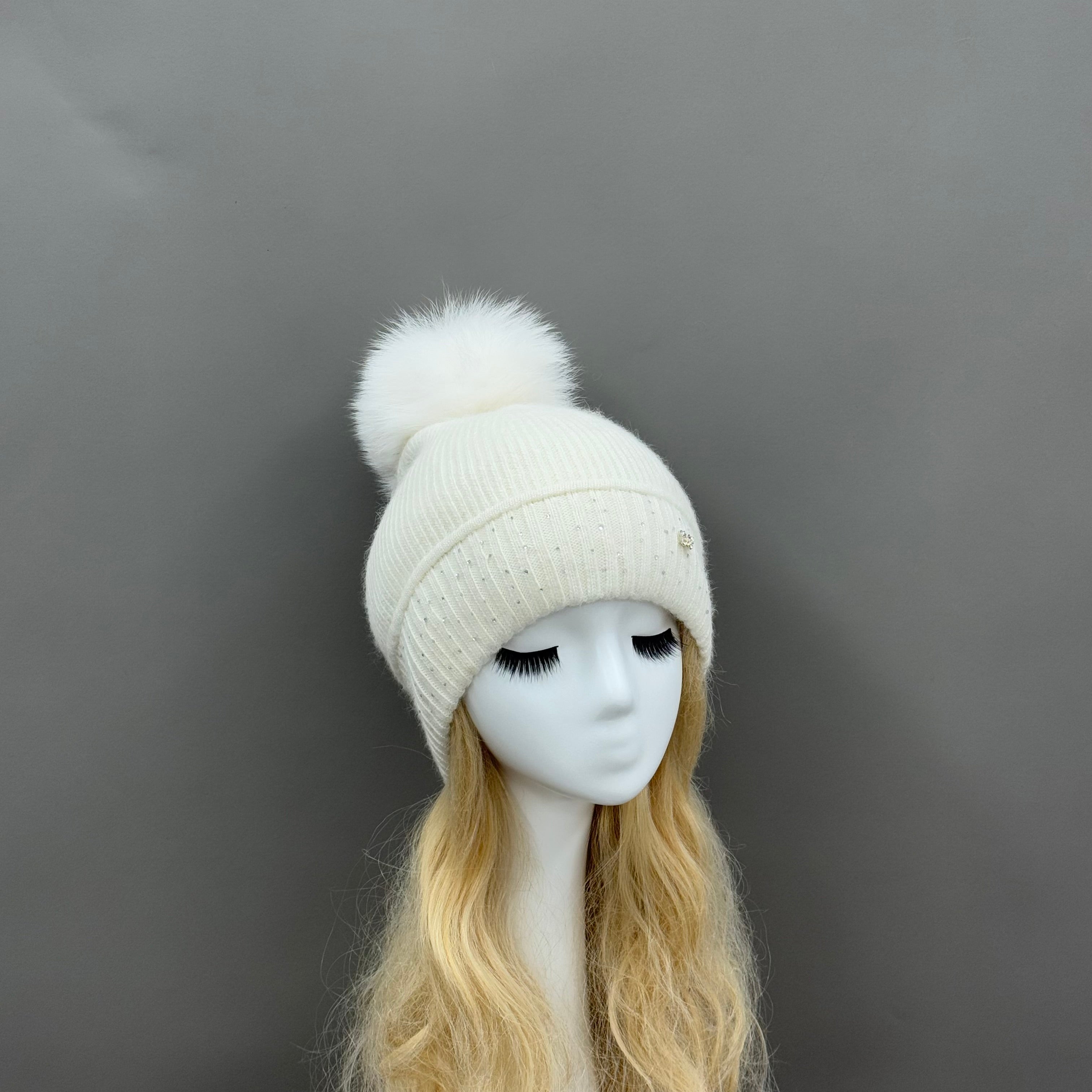 Women’s Light Pink Angora Knit Beanie with Butterfly Rhinestone – Elegant Winter Hat for Fashionable Style 2#White F