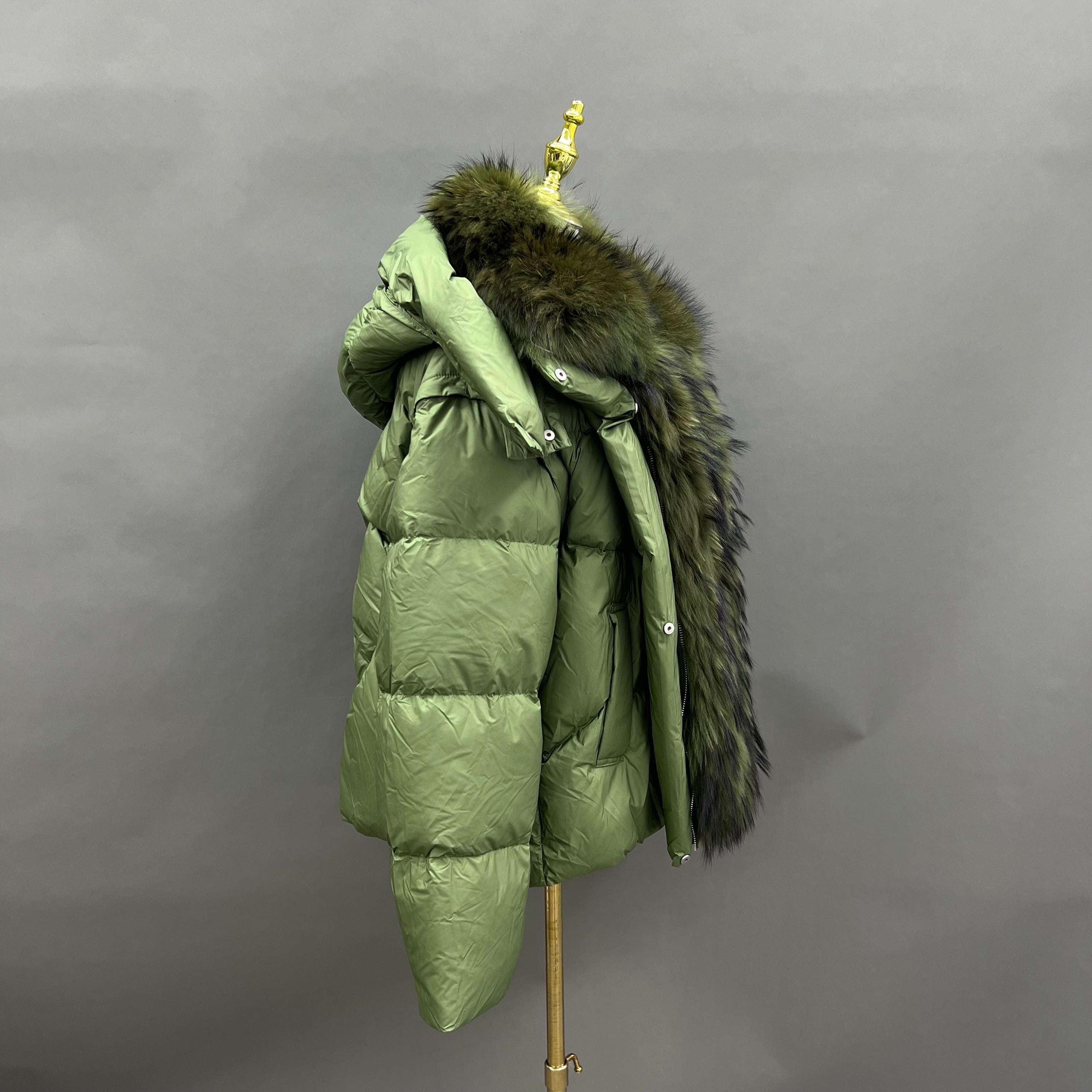 Women’s Olive Green Down Jacket with Real Raccoon Fur Hood – Detachable Sleeve Winter Coat for Versatile Fashion