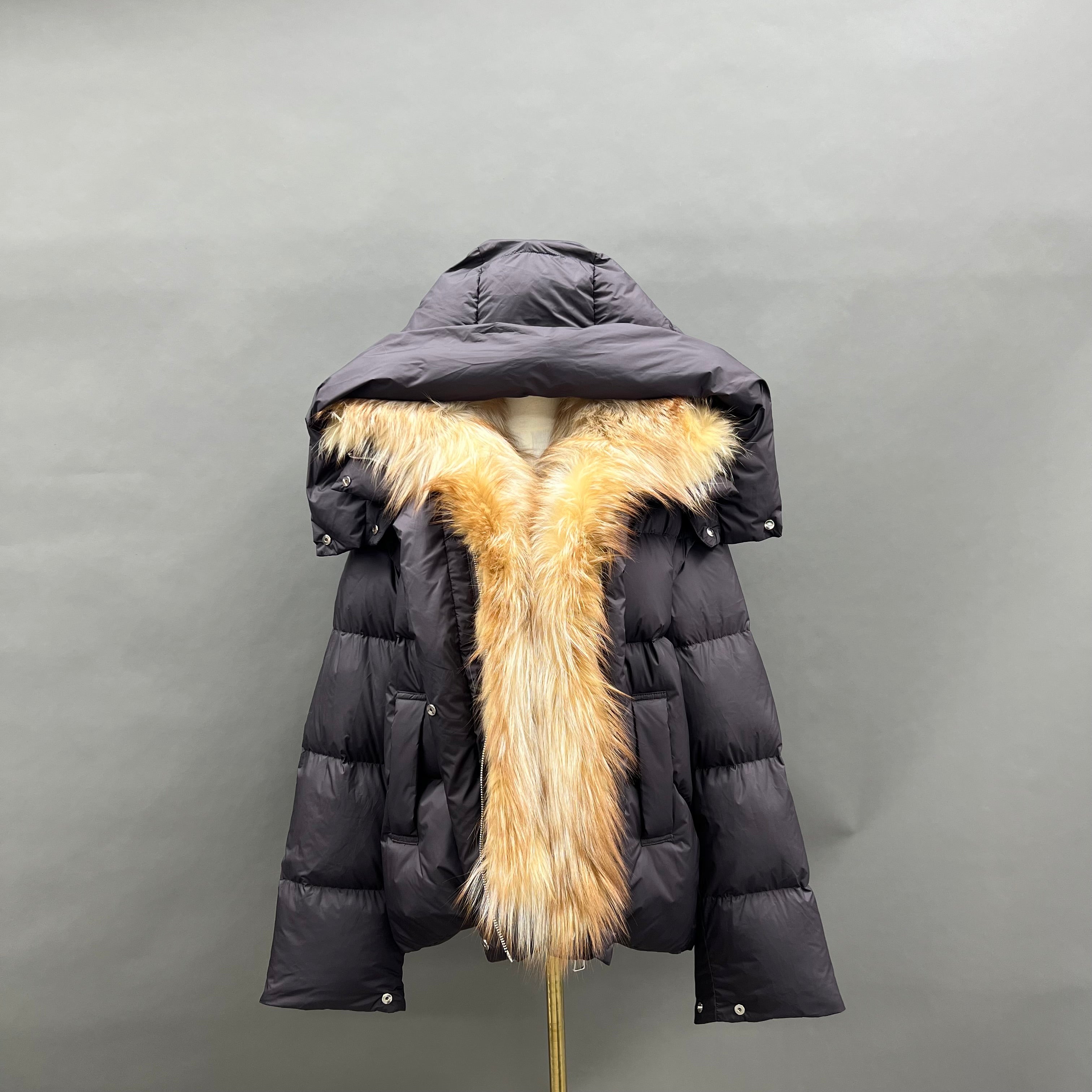 Women’s Olive Green Down Jacket with Real Raccoon Fur Hood – Detachable Sleeve Winter Coat for Versatile Fashion Brown Gold-Fox