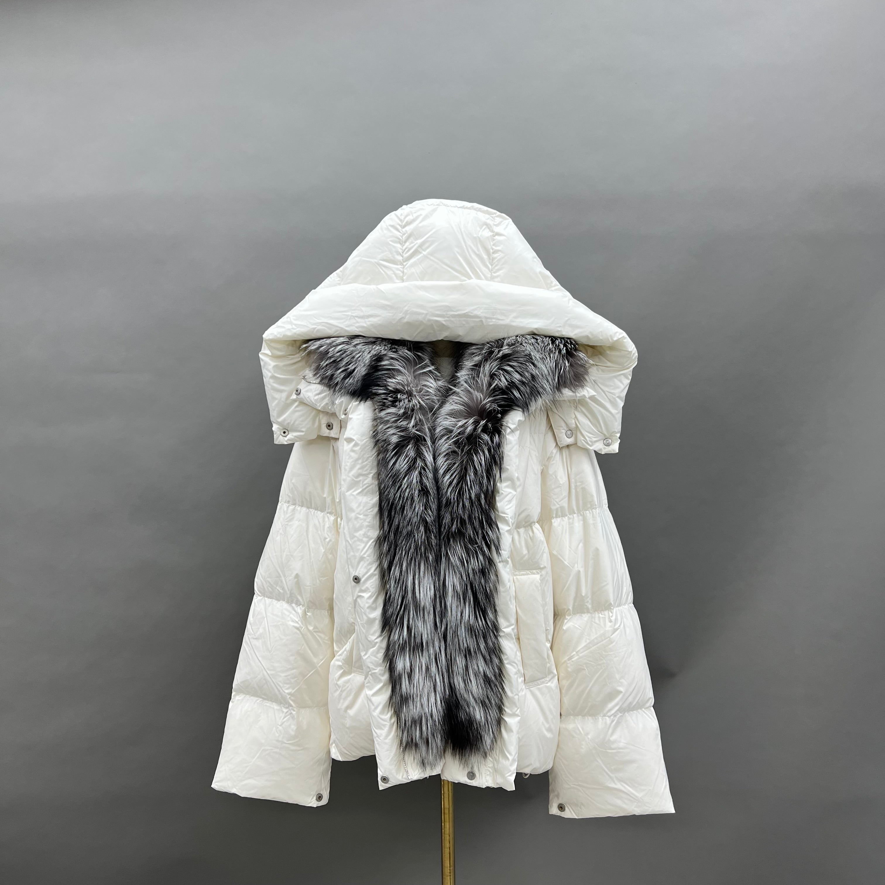 Women’s Olive Green Down Jacket with Real Raccoon Fur Hood – Detachable Sleeve Winter Coat for Versatile Fashion White Sliver-Fox