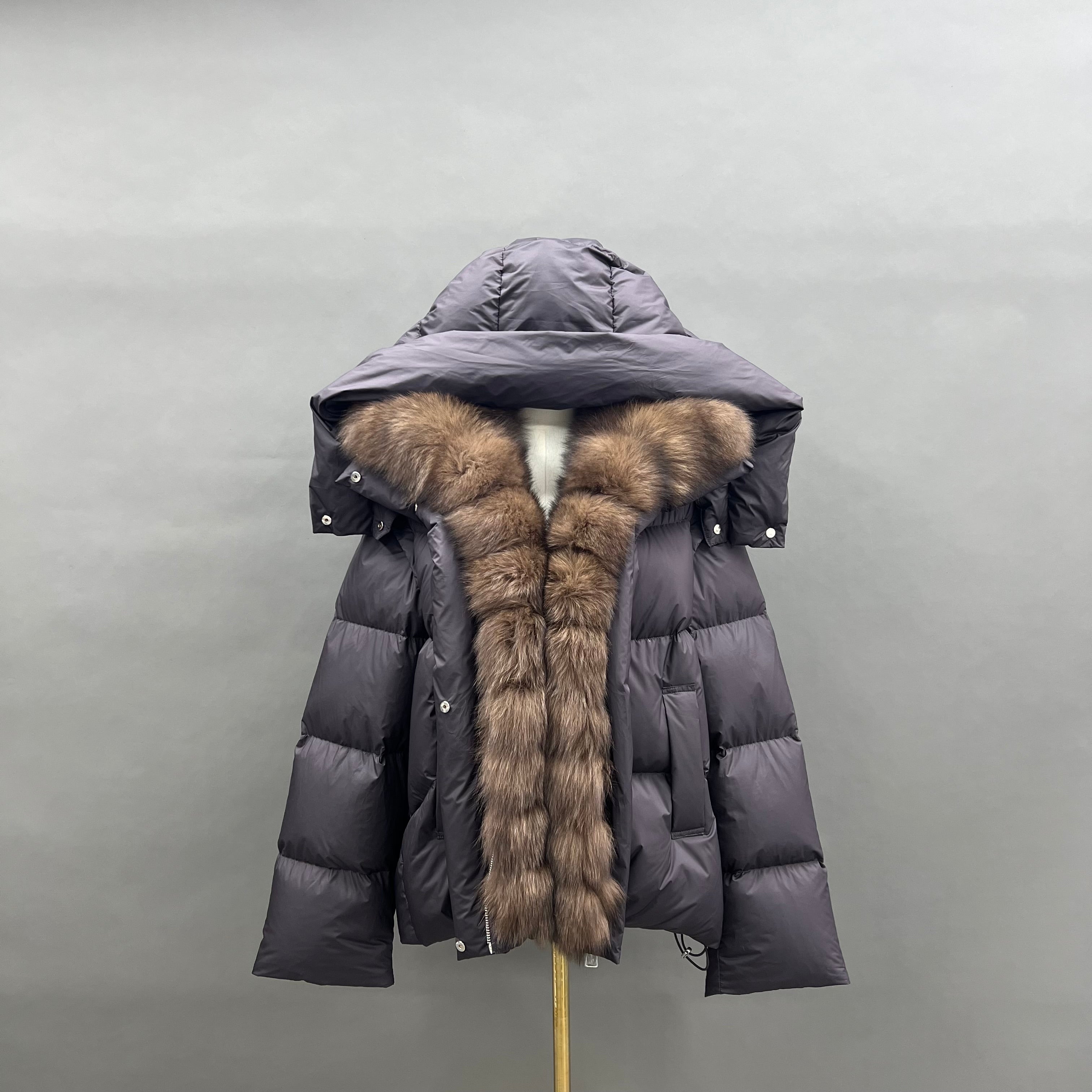 Women’s Olive Green Down Jacket with Real Raccoon Fur Hood – Detachable Sleeve Winter Coat for Versatile Fashion Brown-Fox