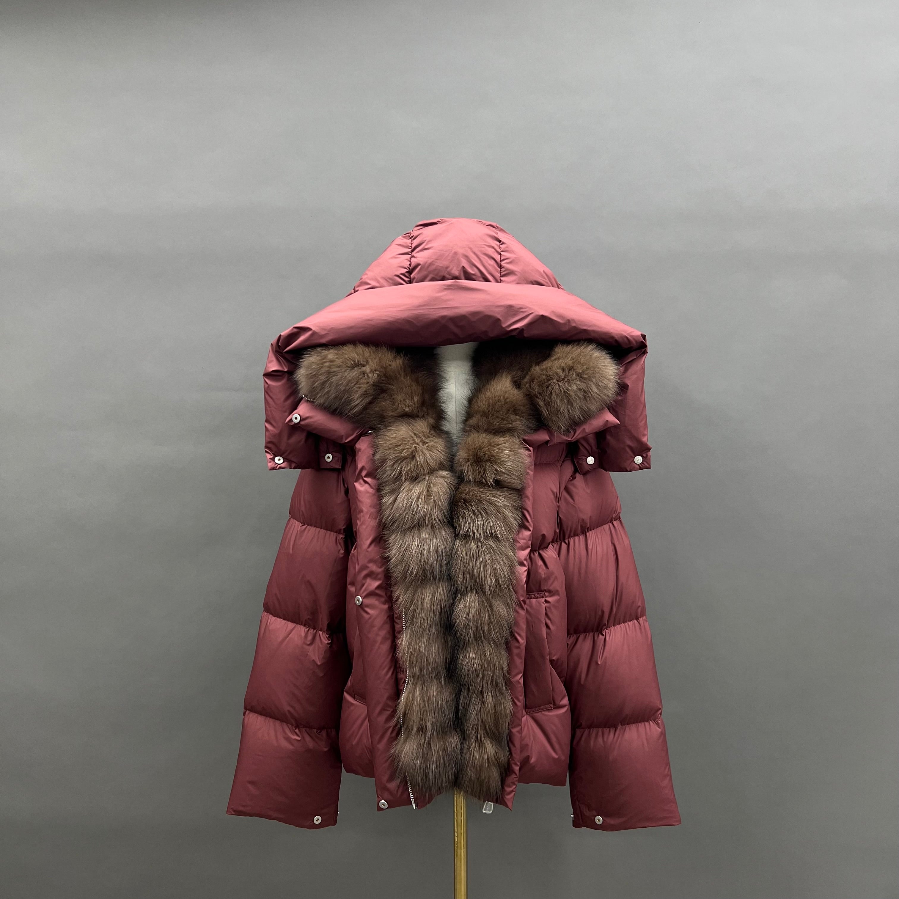 Women’s Olive Green Down Jacket with Real Raccoon Fur Hood – Detachable Sleeve Winter Coat for Versatile Fashion Wine-Fox