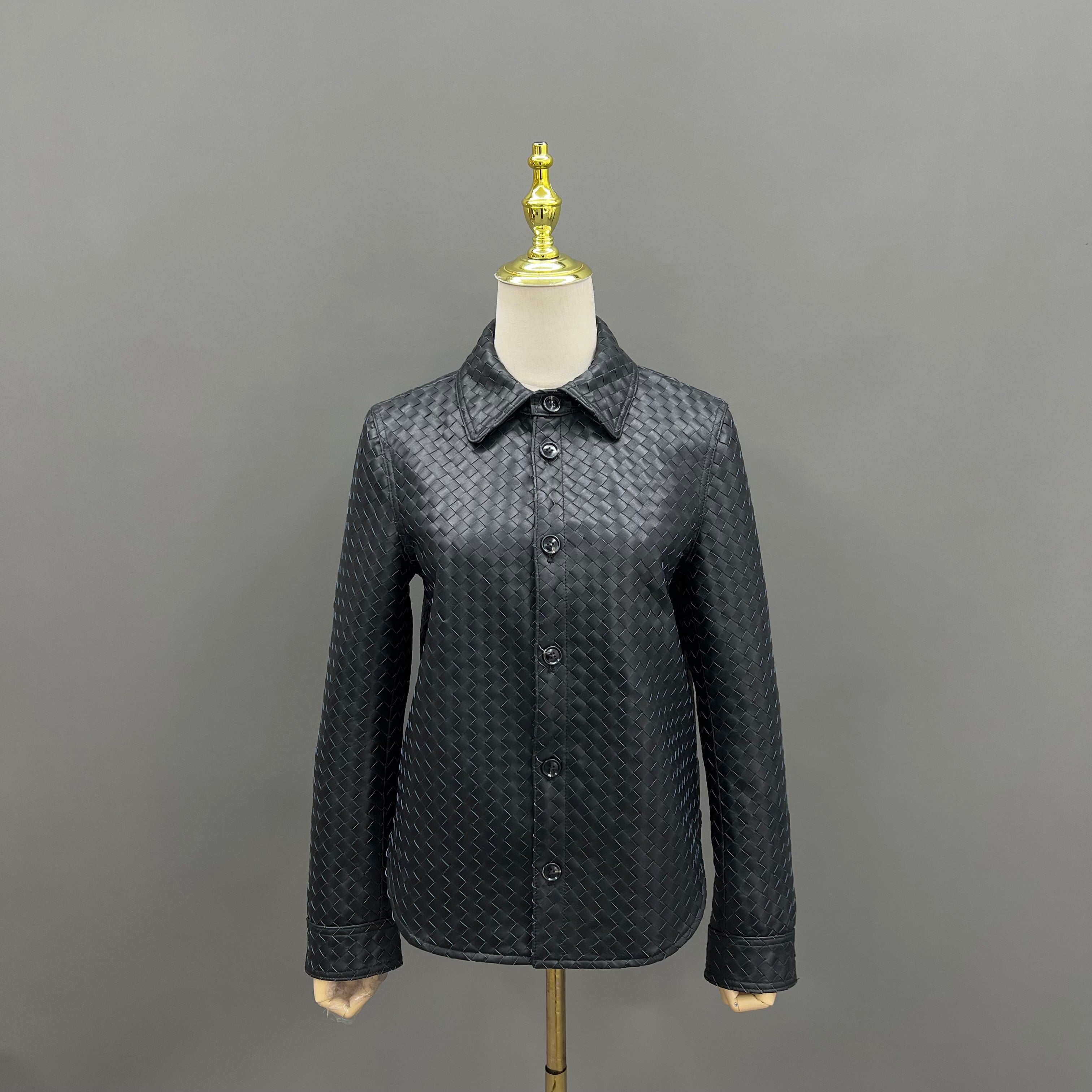 Luxury Woven Faux Leather Jacket with Collar – Women’s Button-Down Short Coat for Casual & Office Wear Black