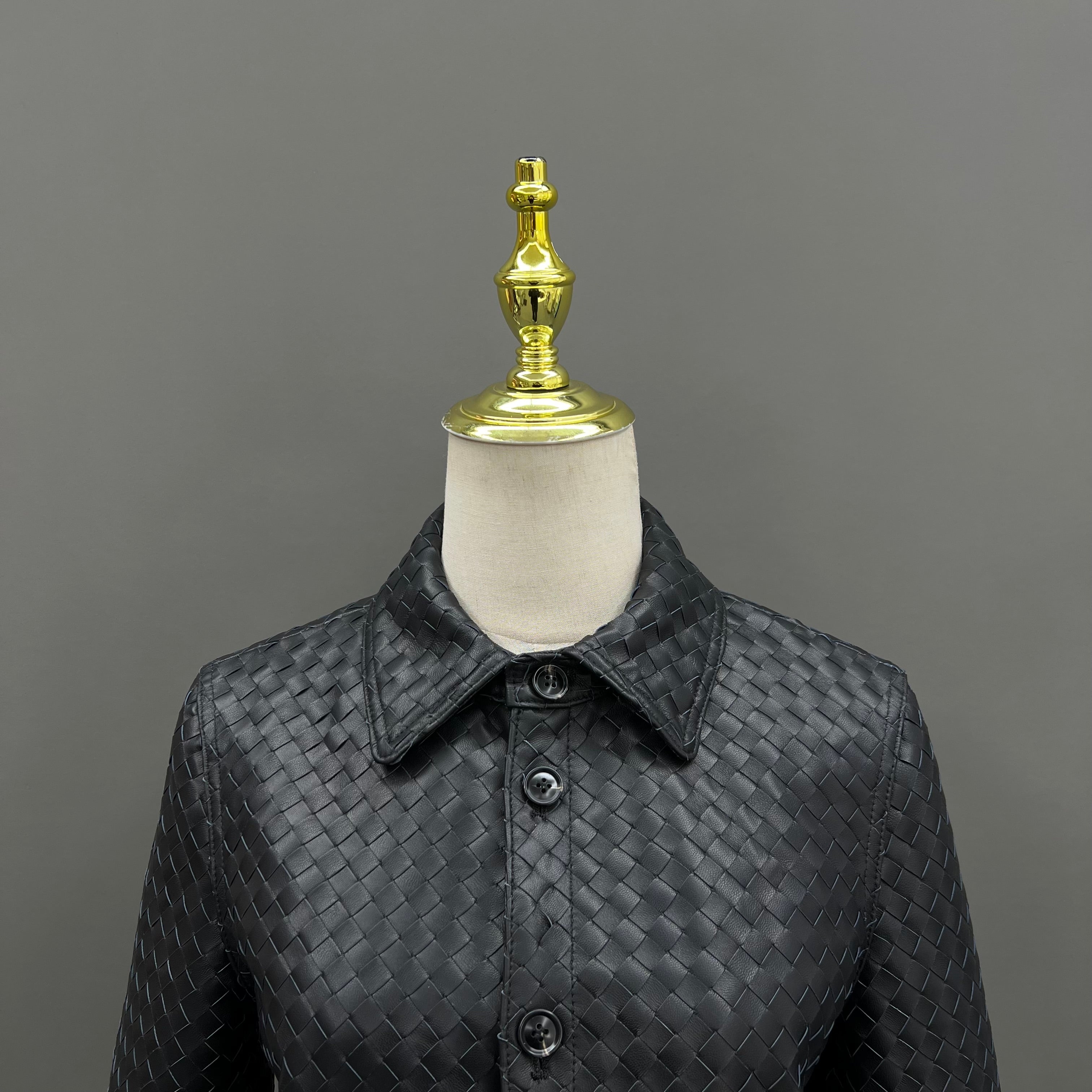 Luxury Woven Faux Leather Jacket with Collar – Women’s Button-Down Short Coat for Casual & Office Wear