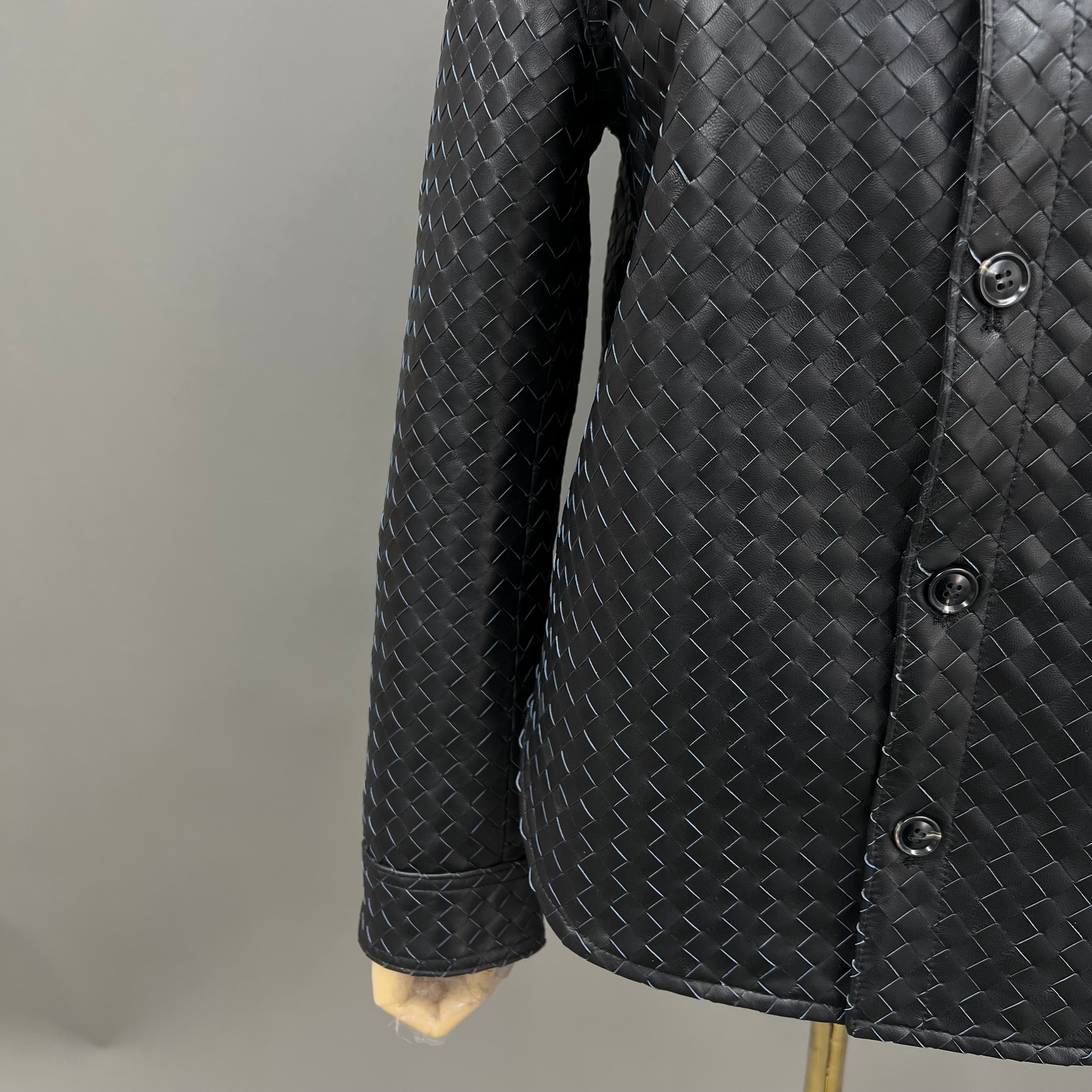 Luxury Woven Faux Leather Jacket with Collar – Women’s Button-Down Short Coat for Casual & Office Wear