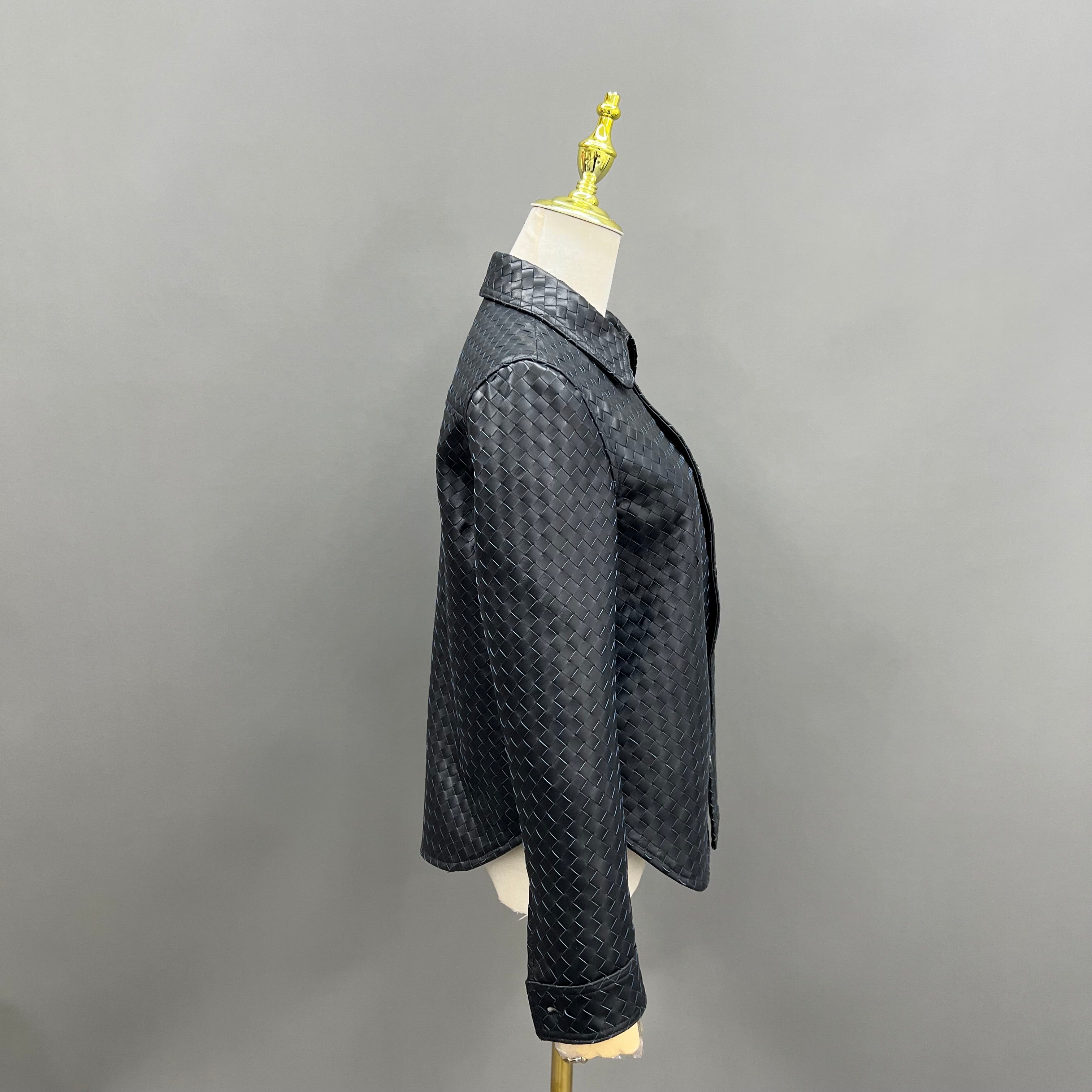 Luxury Woven Faux Leather Jacket with Collar – Women’s Button-Down Short Coat for Casual & Office Wear