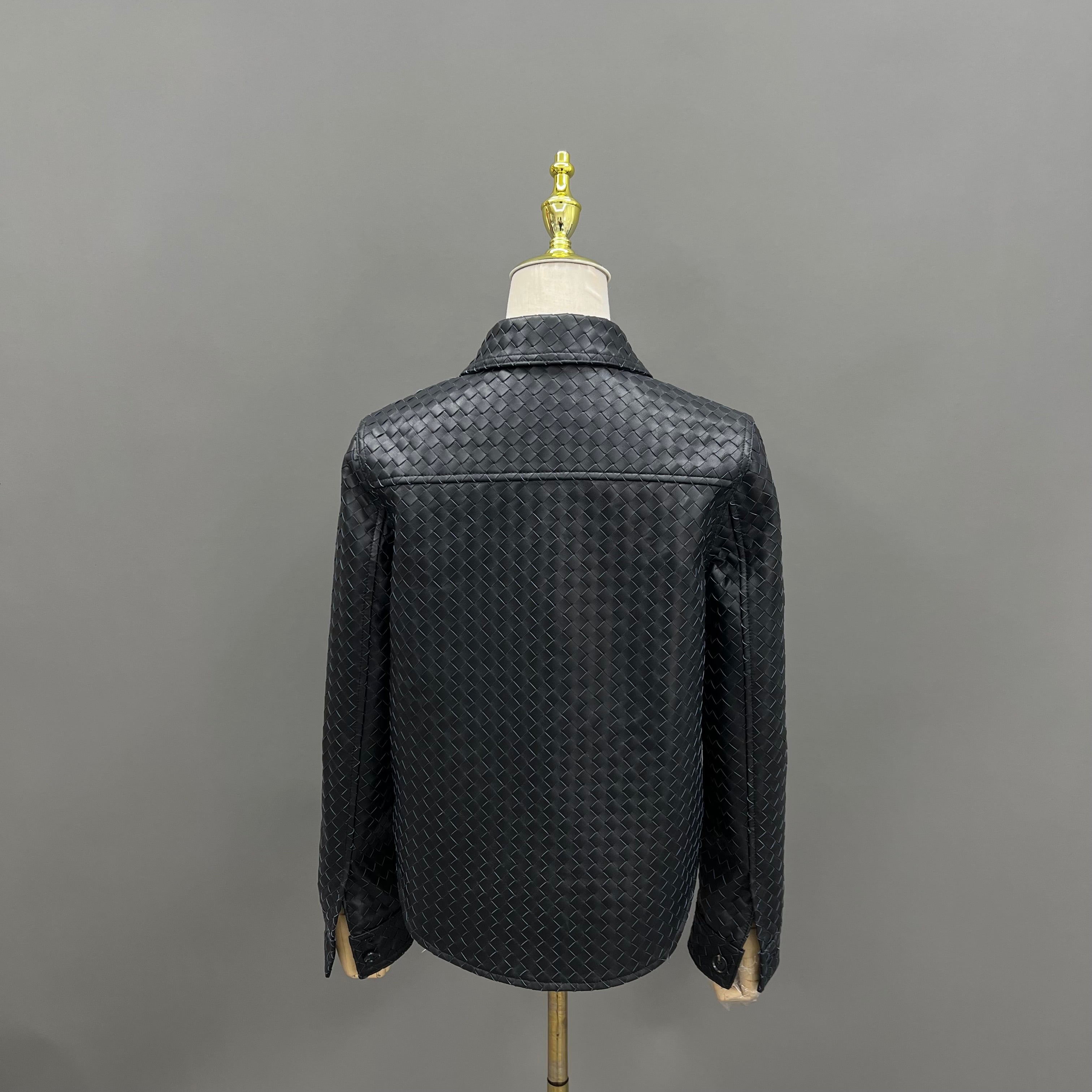 Luxury Woven Faux Leather Jacket with Collar – Women’s Button-Down Short Coat for Casual & Office Wear