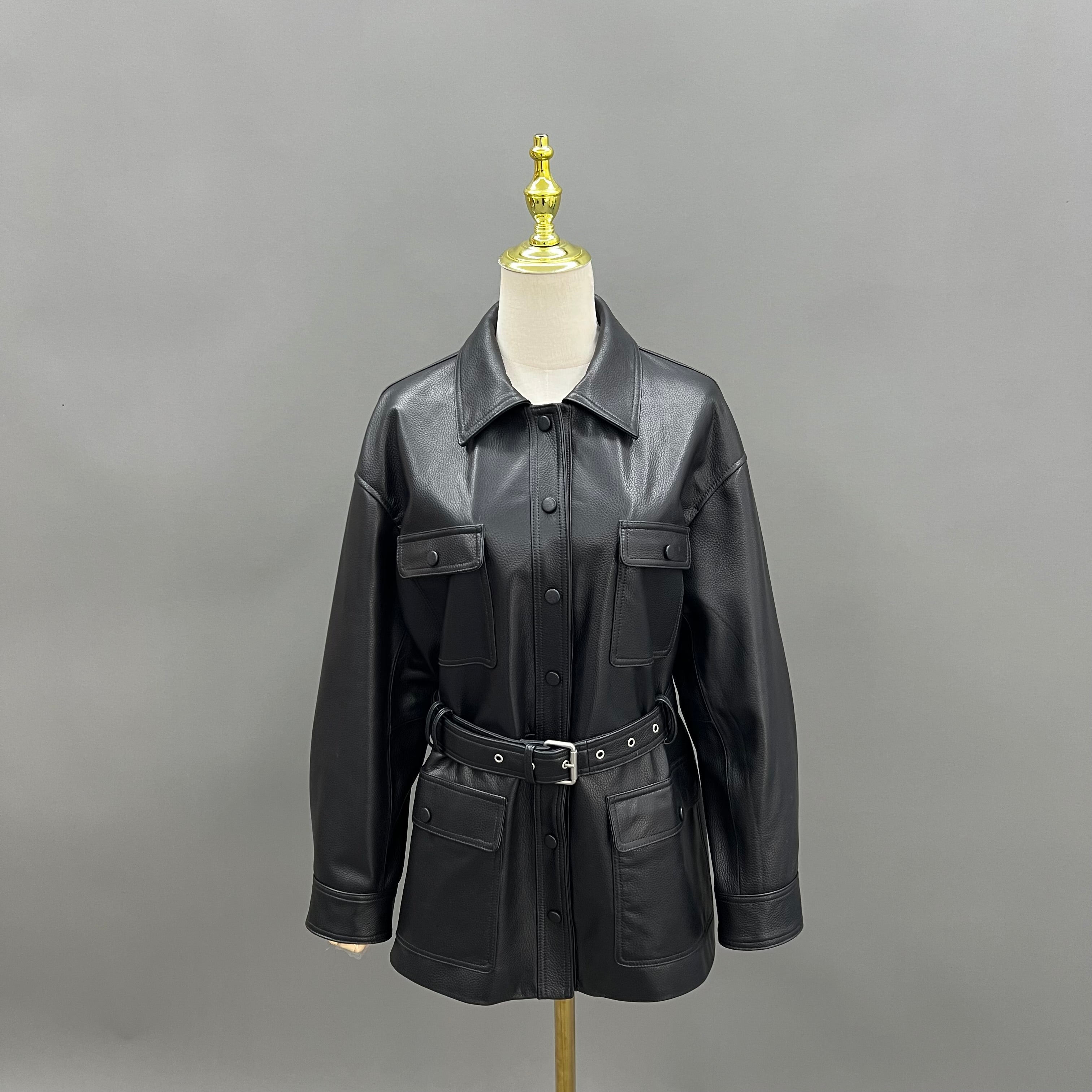 Black Leather Shirt Jacket with Belt and Pockets – Women’s Mid-Length Utility Style Coat for Casual & Office Wear Black