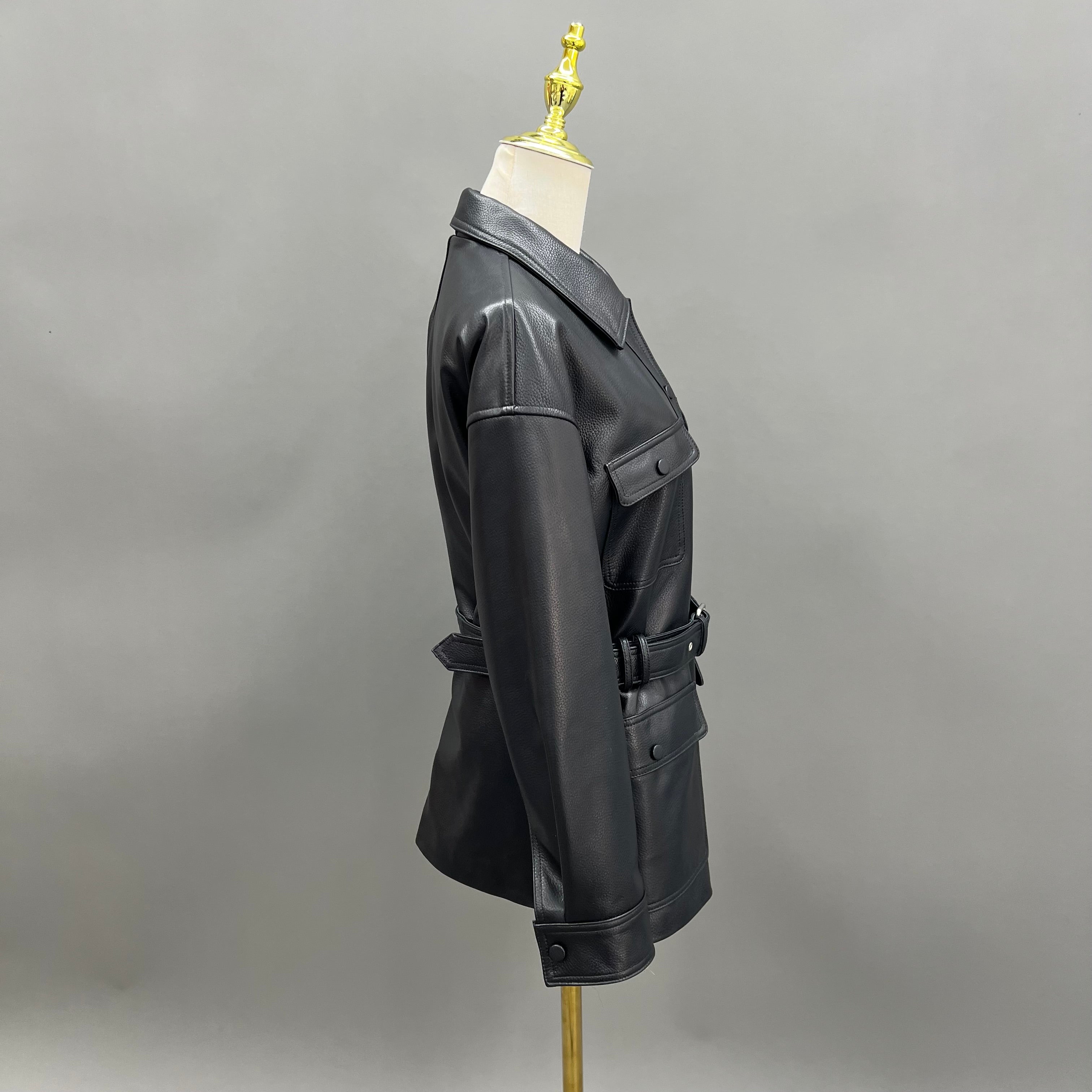 Black Leather Shirt Jacket with Belt and Pockets – Women’s Mid-Length Utility Style Coat for Casual & Office Wear