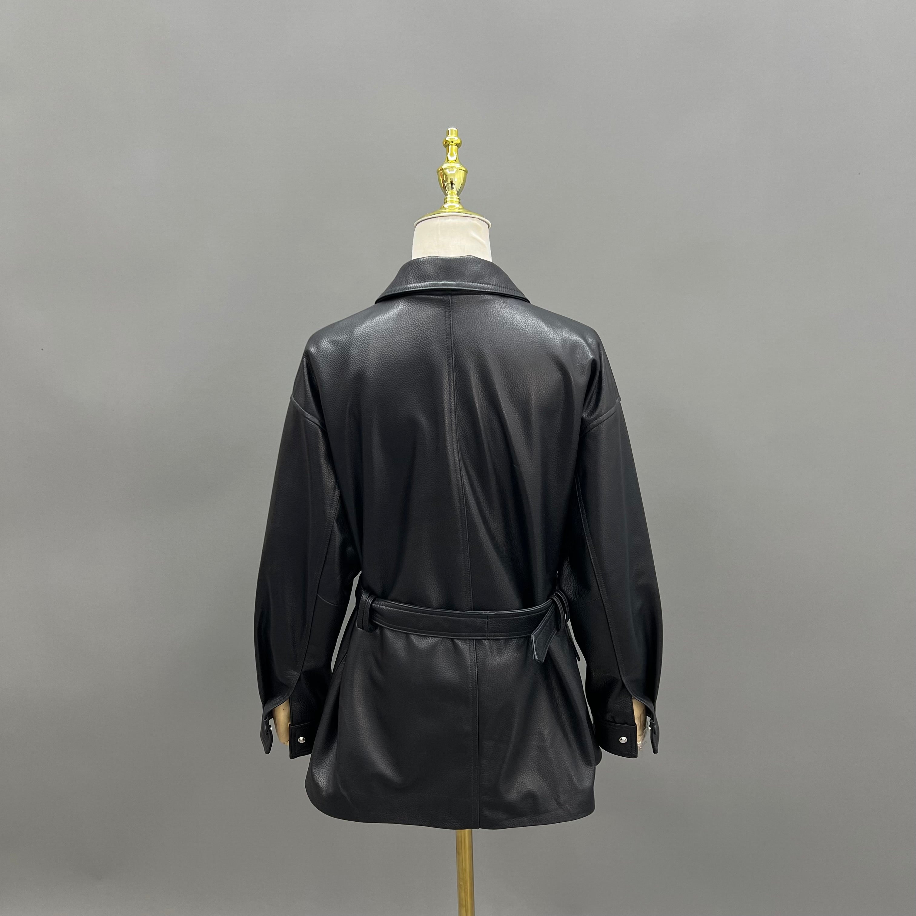 Black Leather Shirt Jacket with Belt and Pockets – Women’s Mid-Length Utility Style Coat for Casual & Office Wear