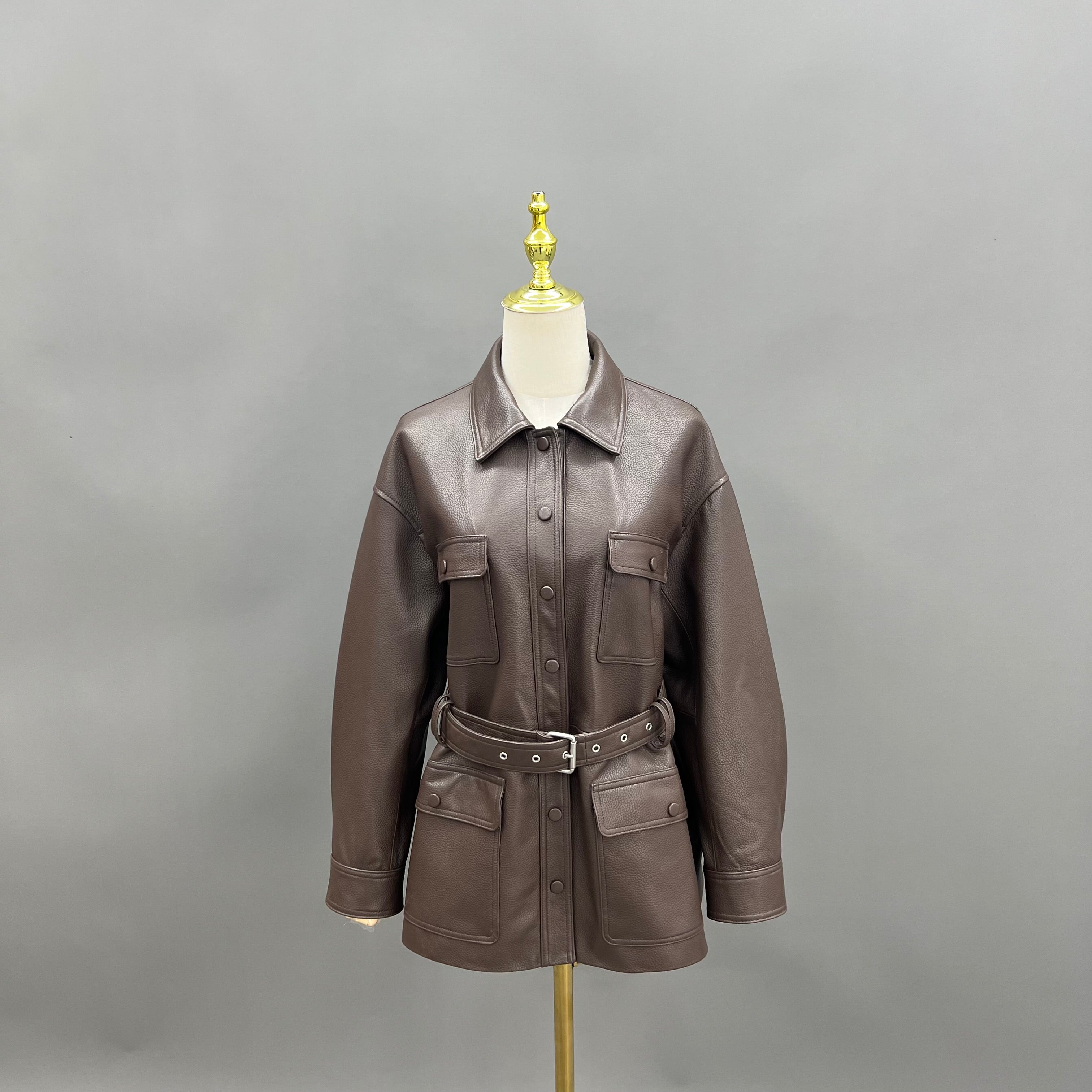 Black Leather Shirt Jacket with Belt and Pockets – Women’s Mid-Length Utility Style Coat for Casual & Office Wear Brown