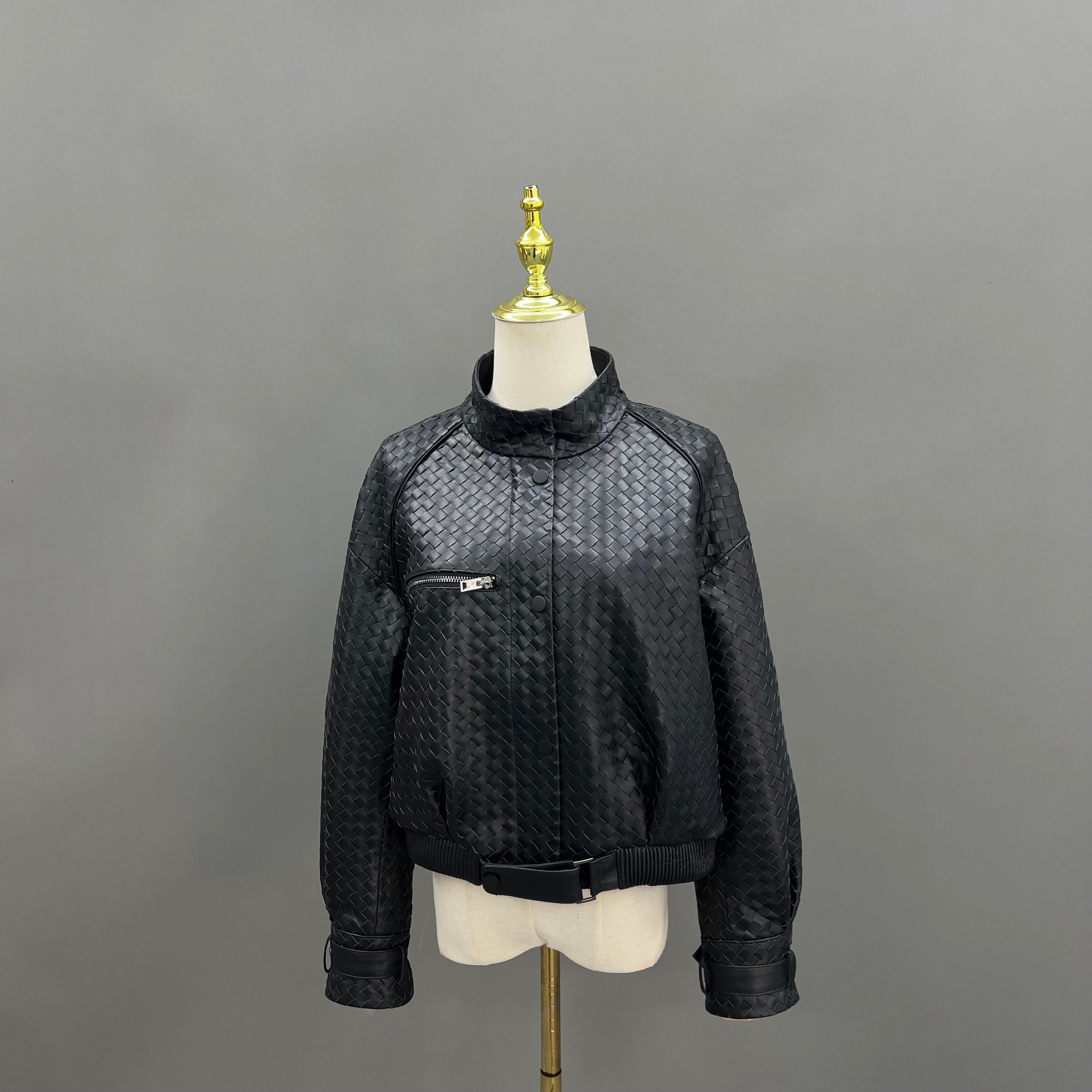 Luxury Woven Faux Leather Jacket with Stand Collar – Women’s Short Bomber Style Coat with Belted Waist Black