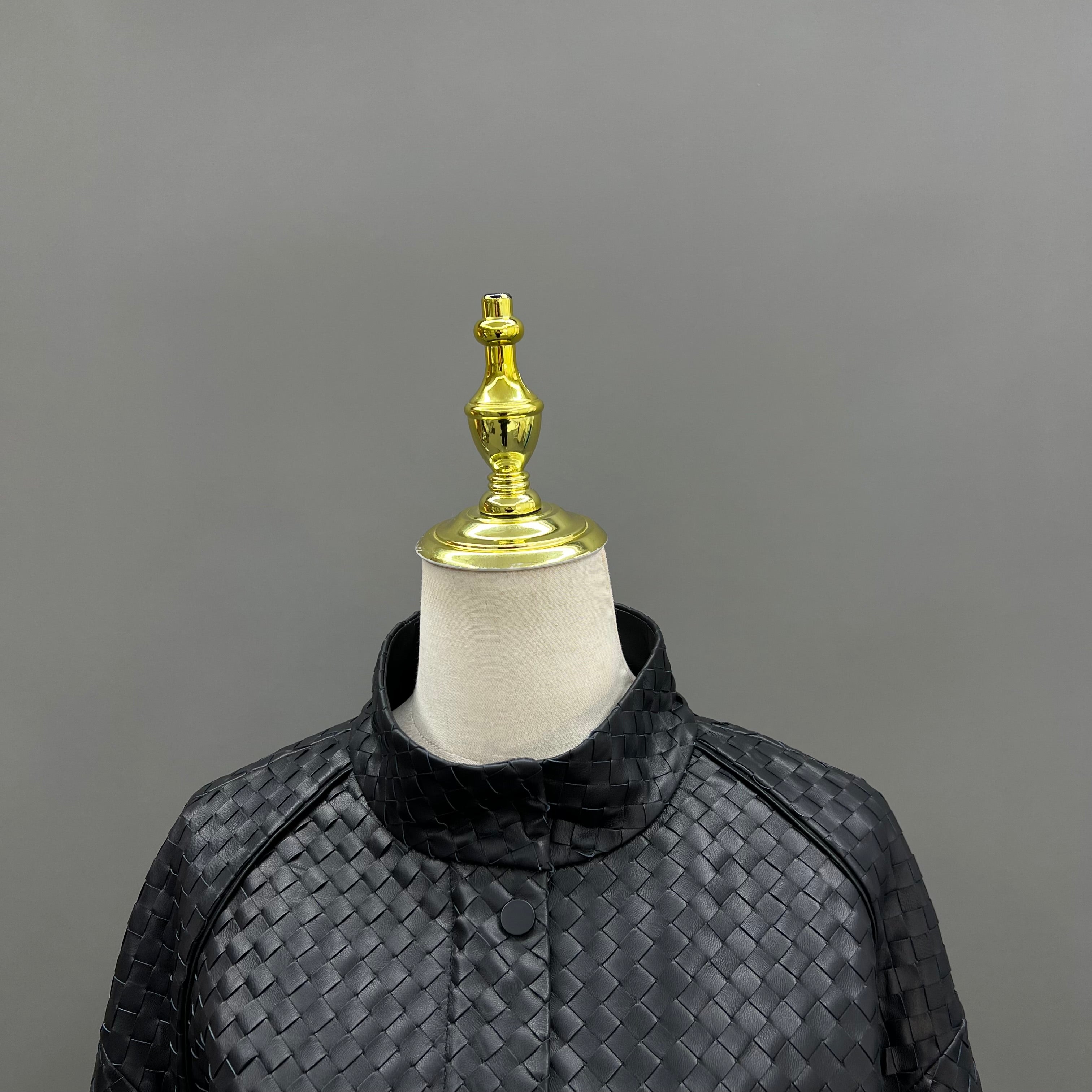 Luxury Woven Faux Leather Jacket with Stand Collar – Women’s Short Bomber Style Coat with Belted Waist