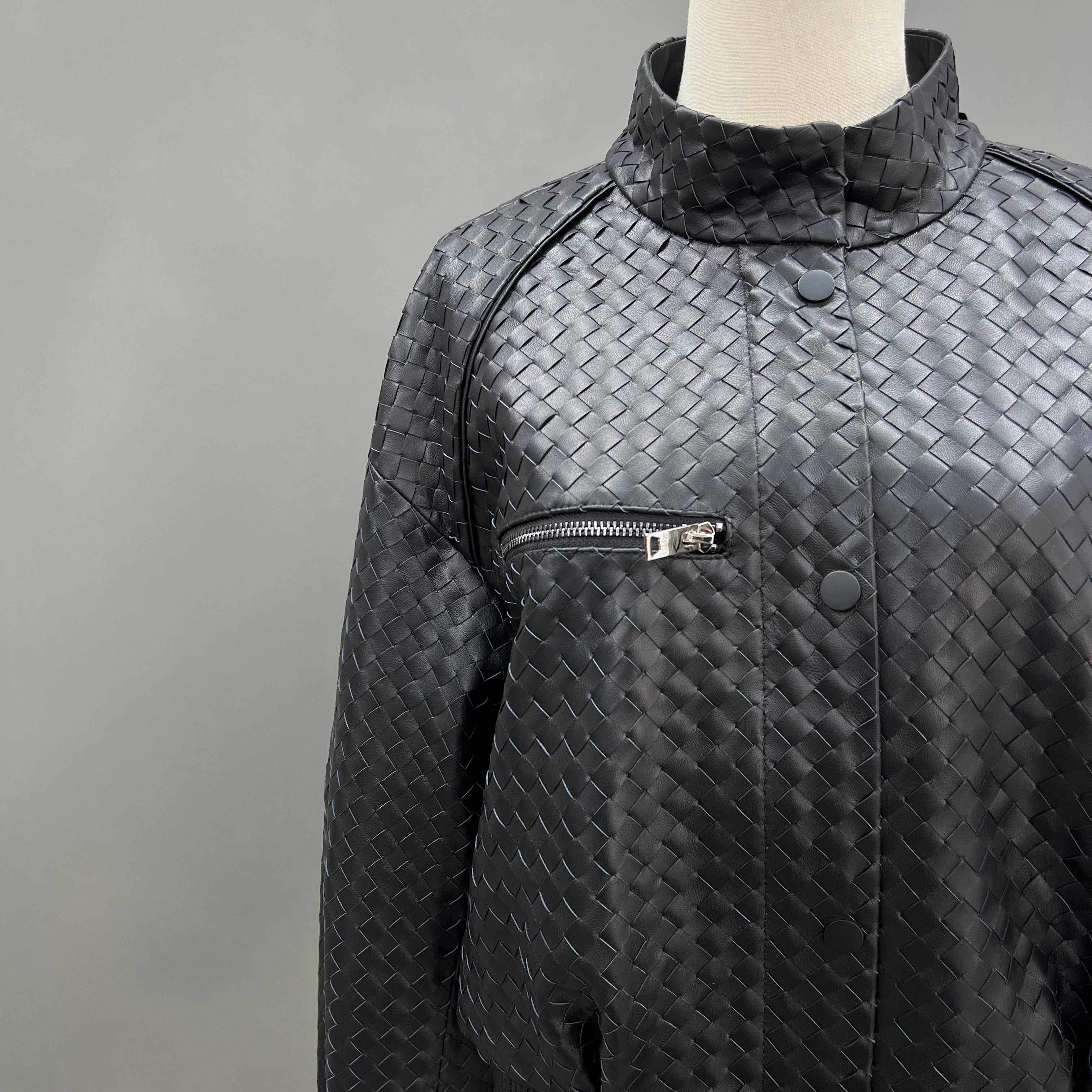 Luxury Woven Faux Leather Jacket with Stand Collar – Women’s Short Bomber Style Coat with Belted Waist