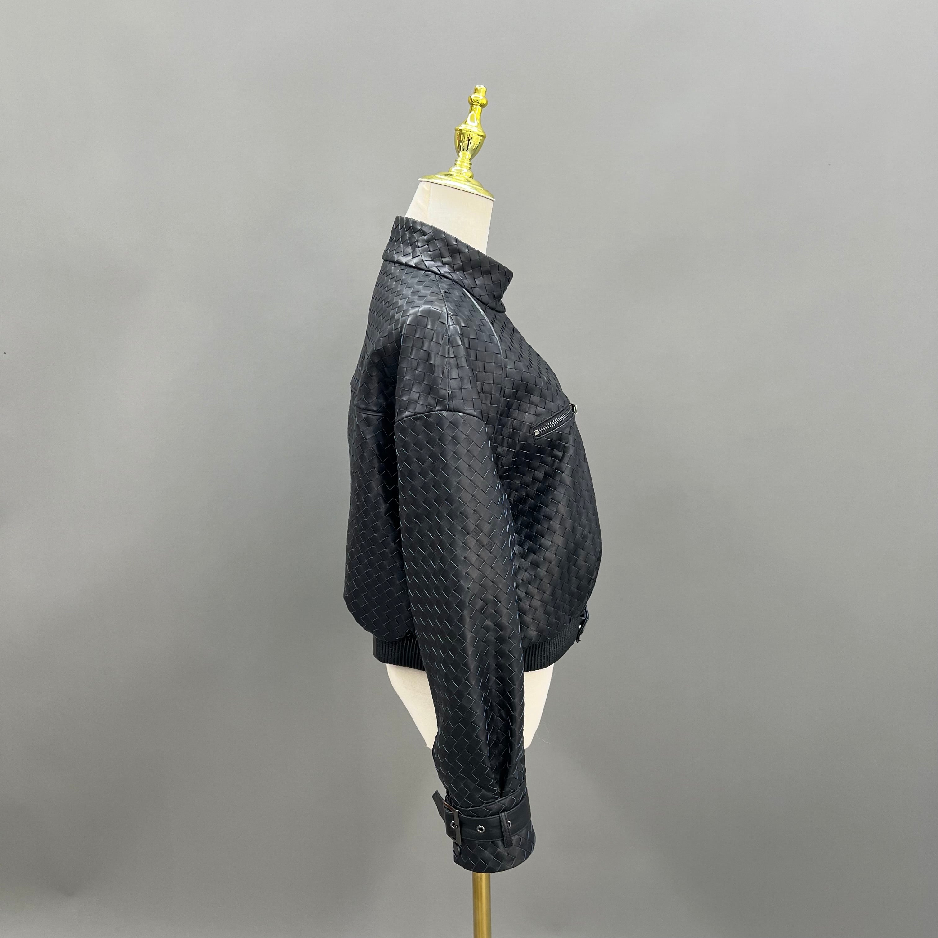 Luxury Woven Faux Leather Jacket with Stand Collar – Women’s Short Bomber Style Coat with Belted Waist