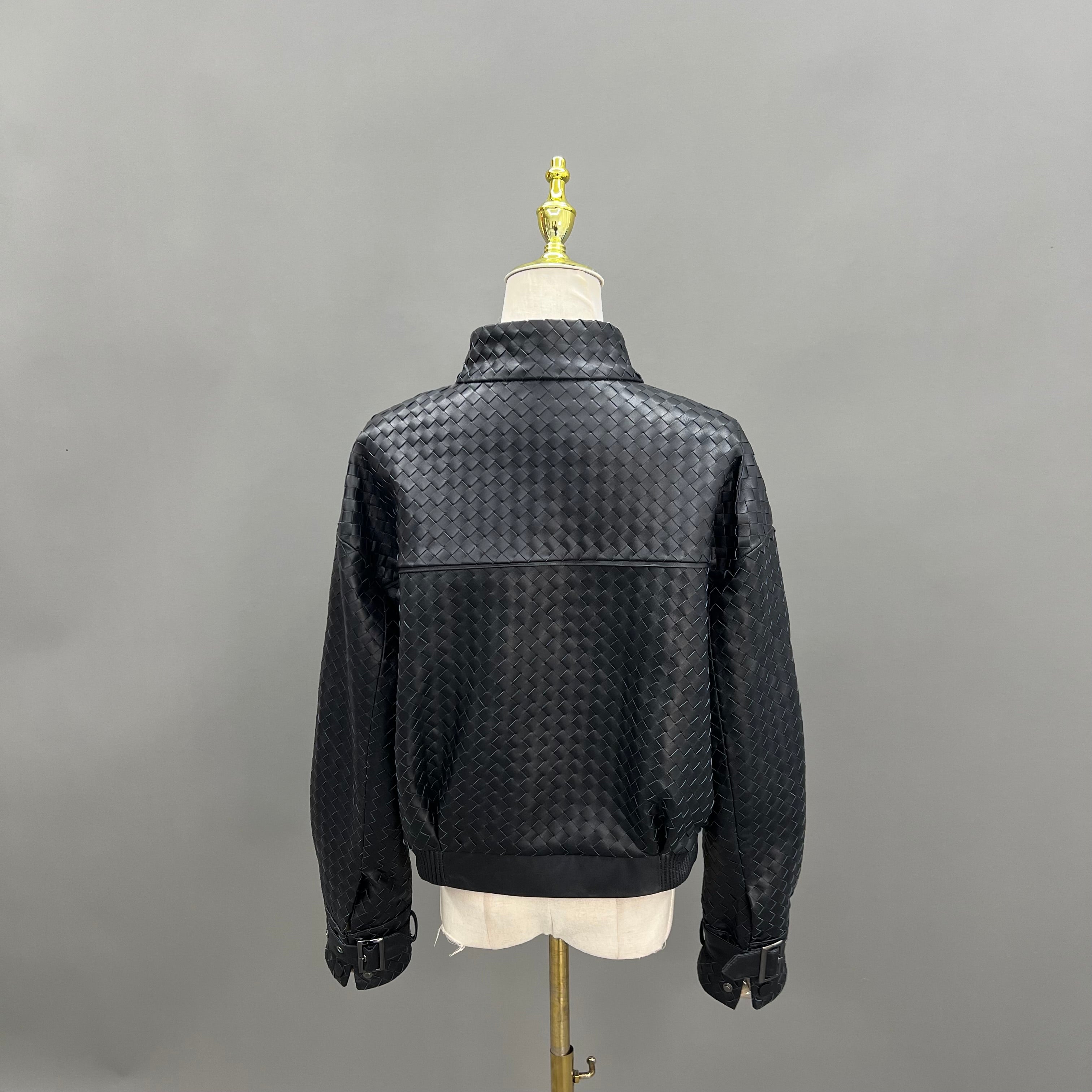 Luxury Woven Faux Leather Jacket with Stand Collar – Women’s Short Bomber Style Coat with Belted Waist