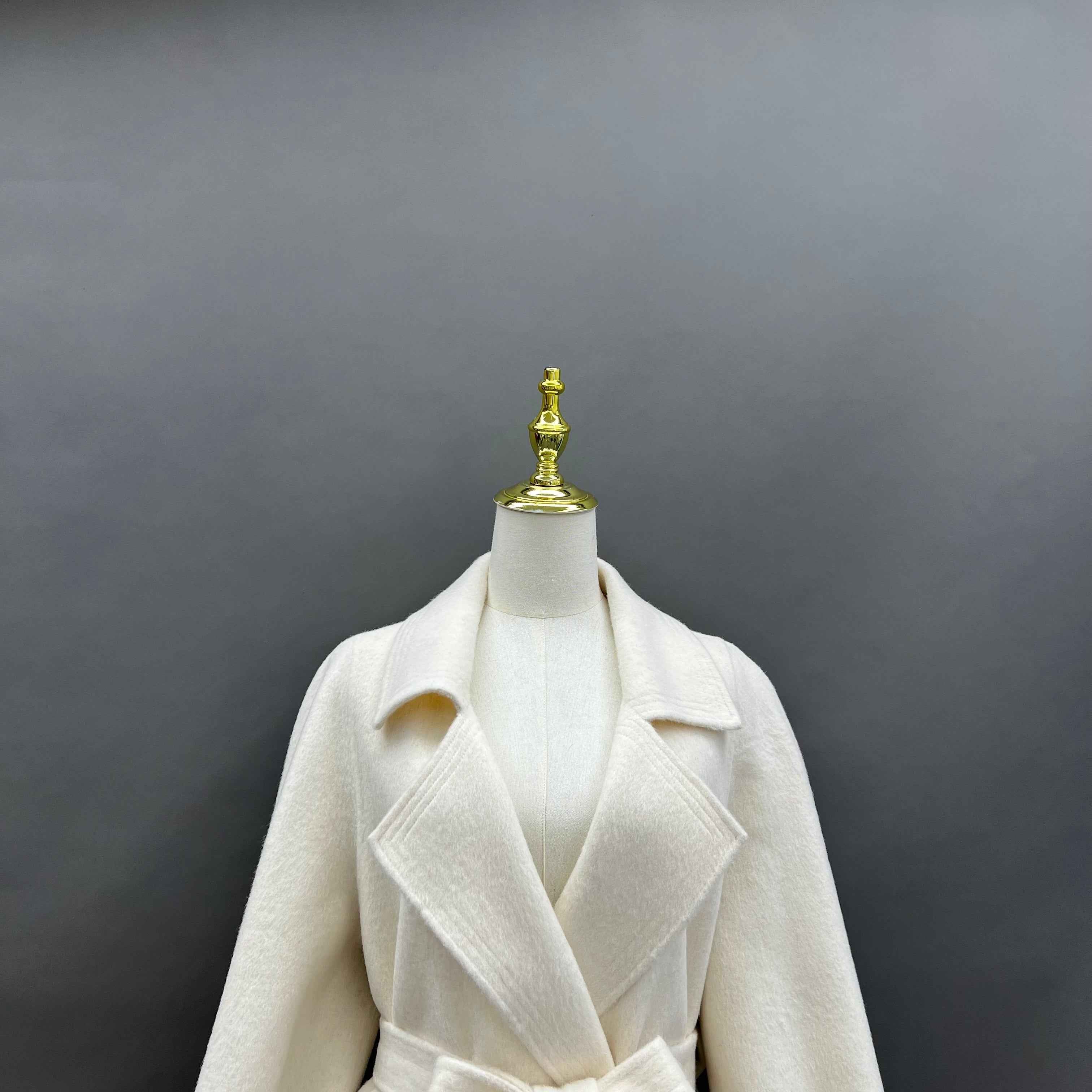Autumn Winter Cream Cashmere Wool Double - faced Coat with Belt
