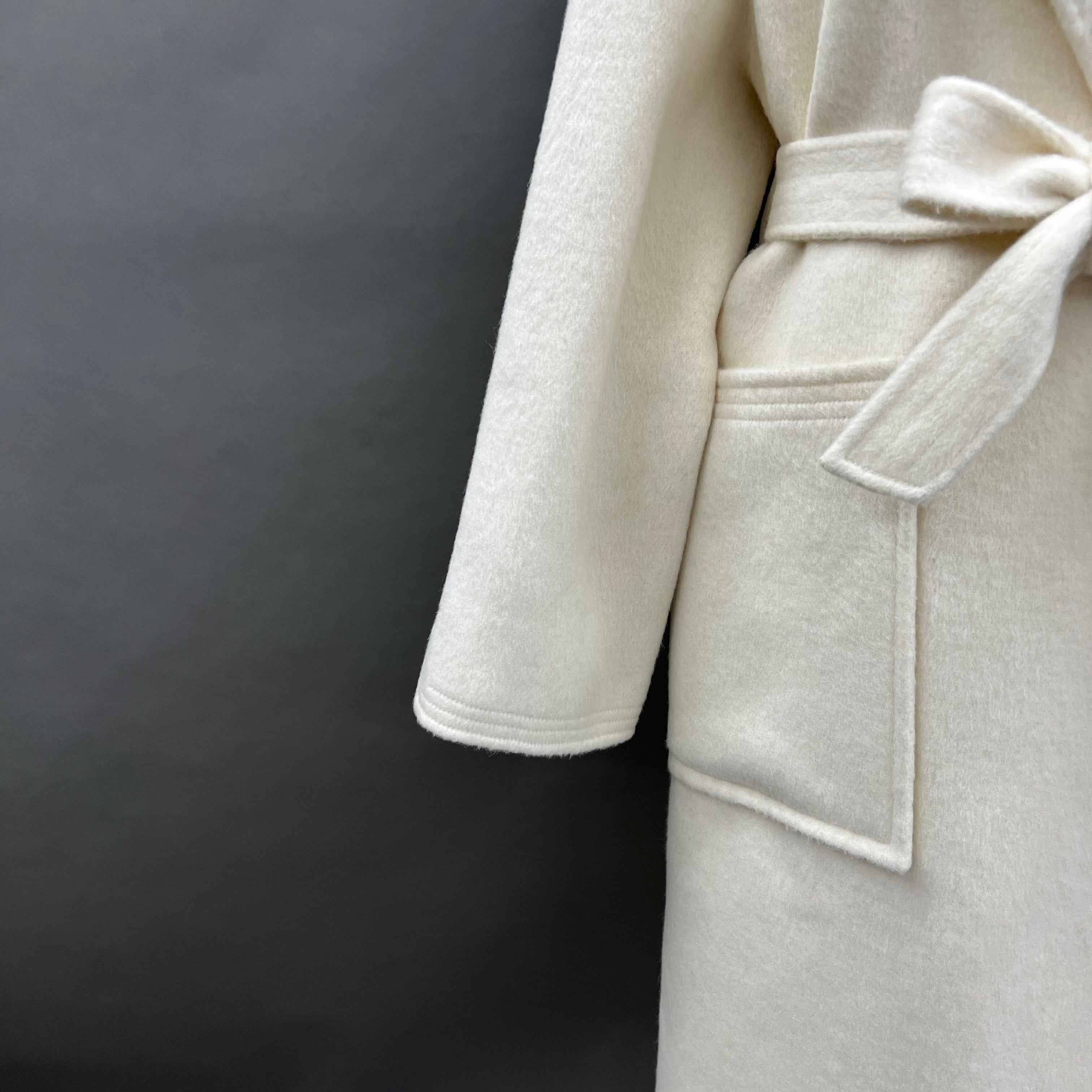 Autumn Winter Cream Cashmere Wool Double - faced Coat with Belt