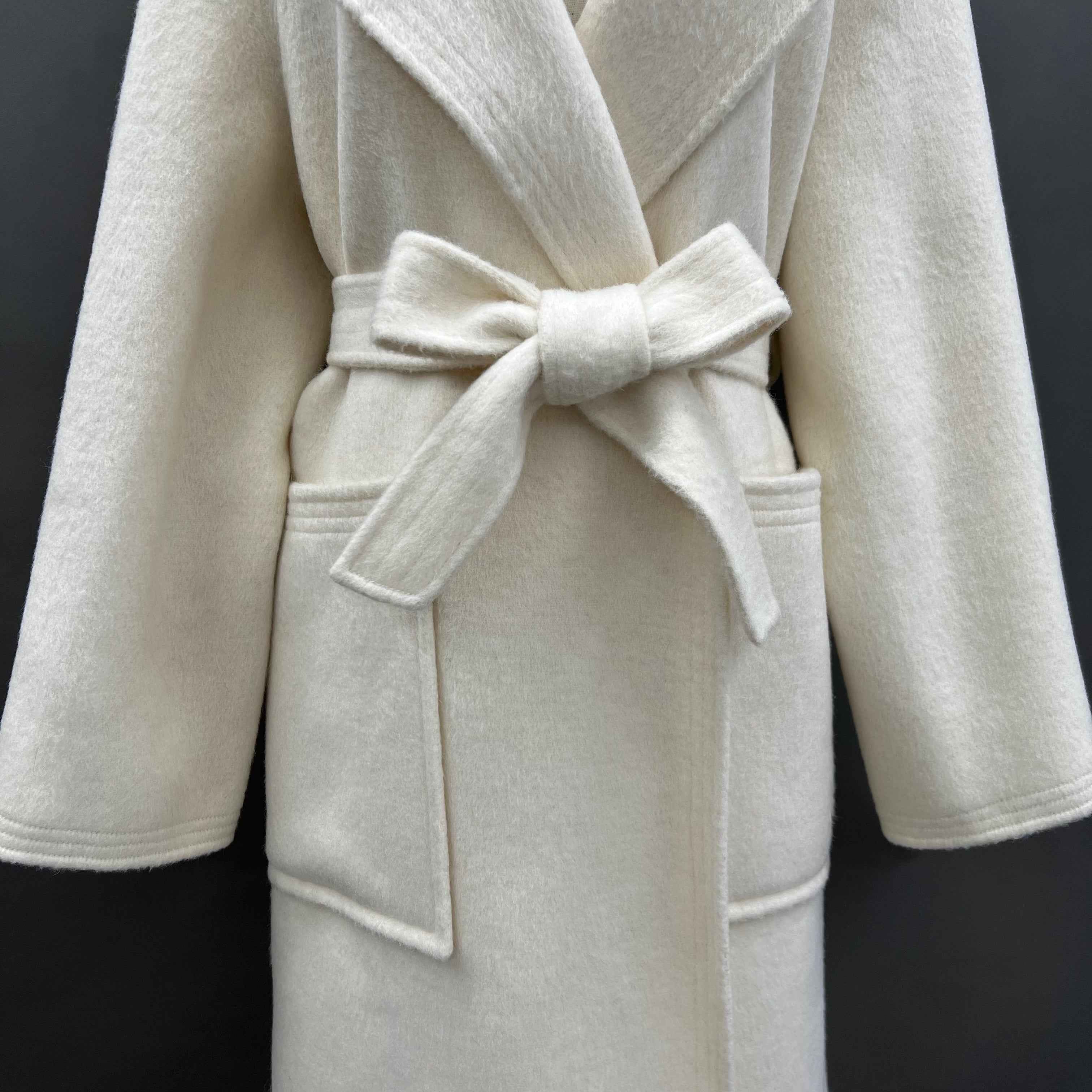 Autumn Winter Cream Cashmere Wool Double - faced Coat with Belt