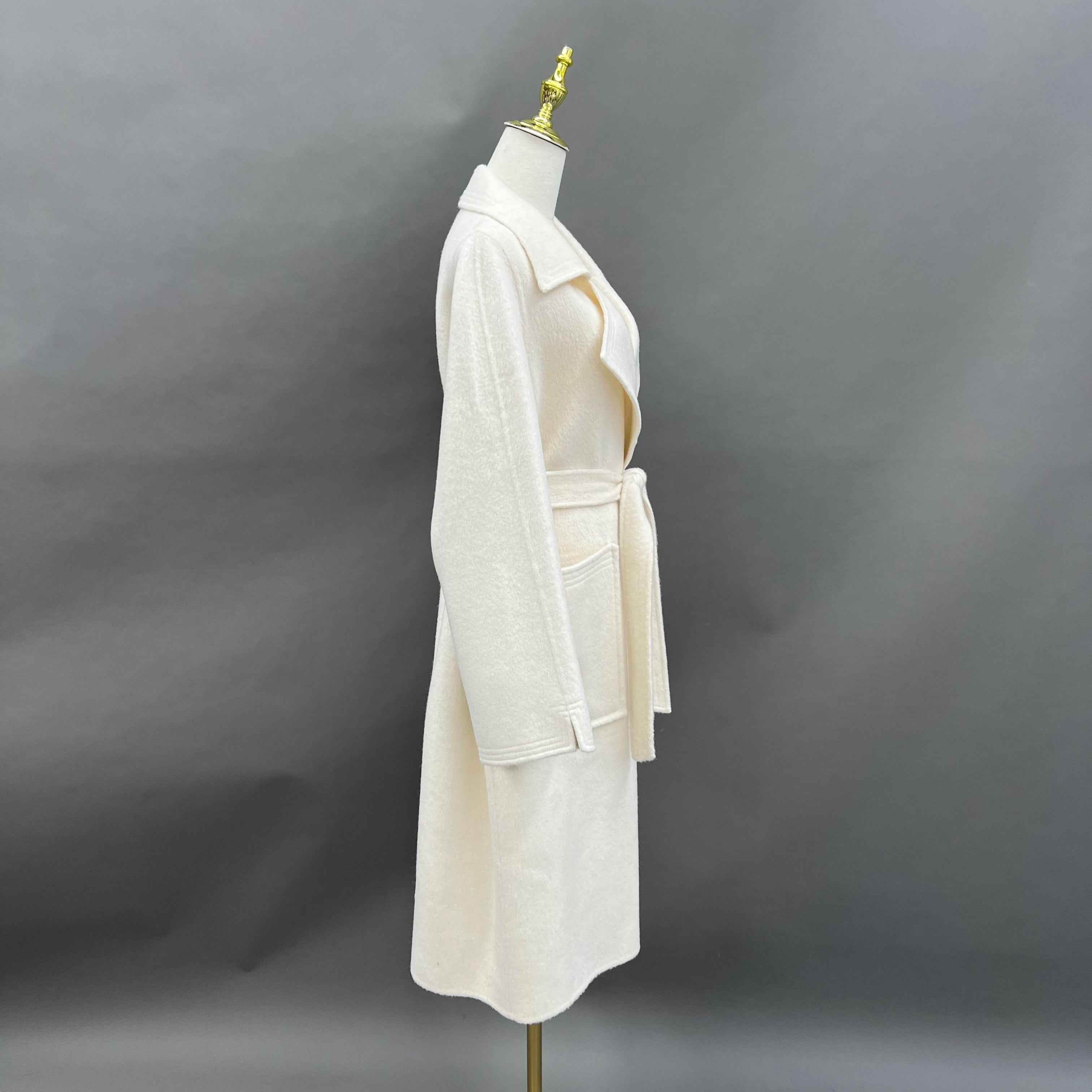 Autumn Winter Cream Cashmere Wool Double - faced Coat with Belt