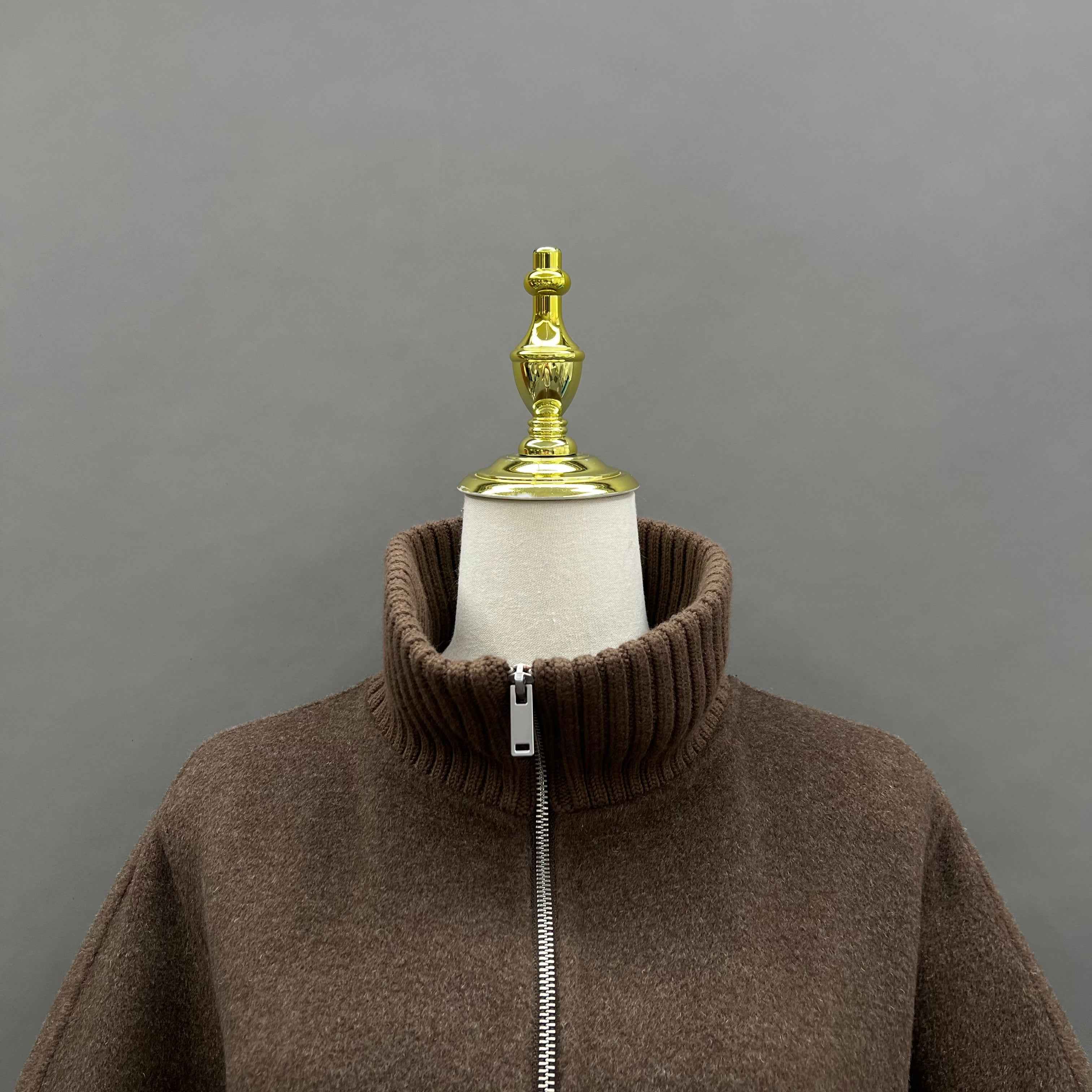 Autumn Winter Brown Cashmere Wool Coat with Zip & Ribbed Details
