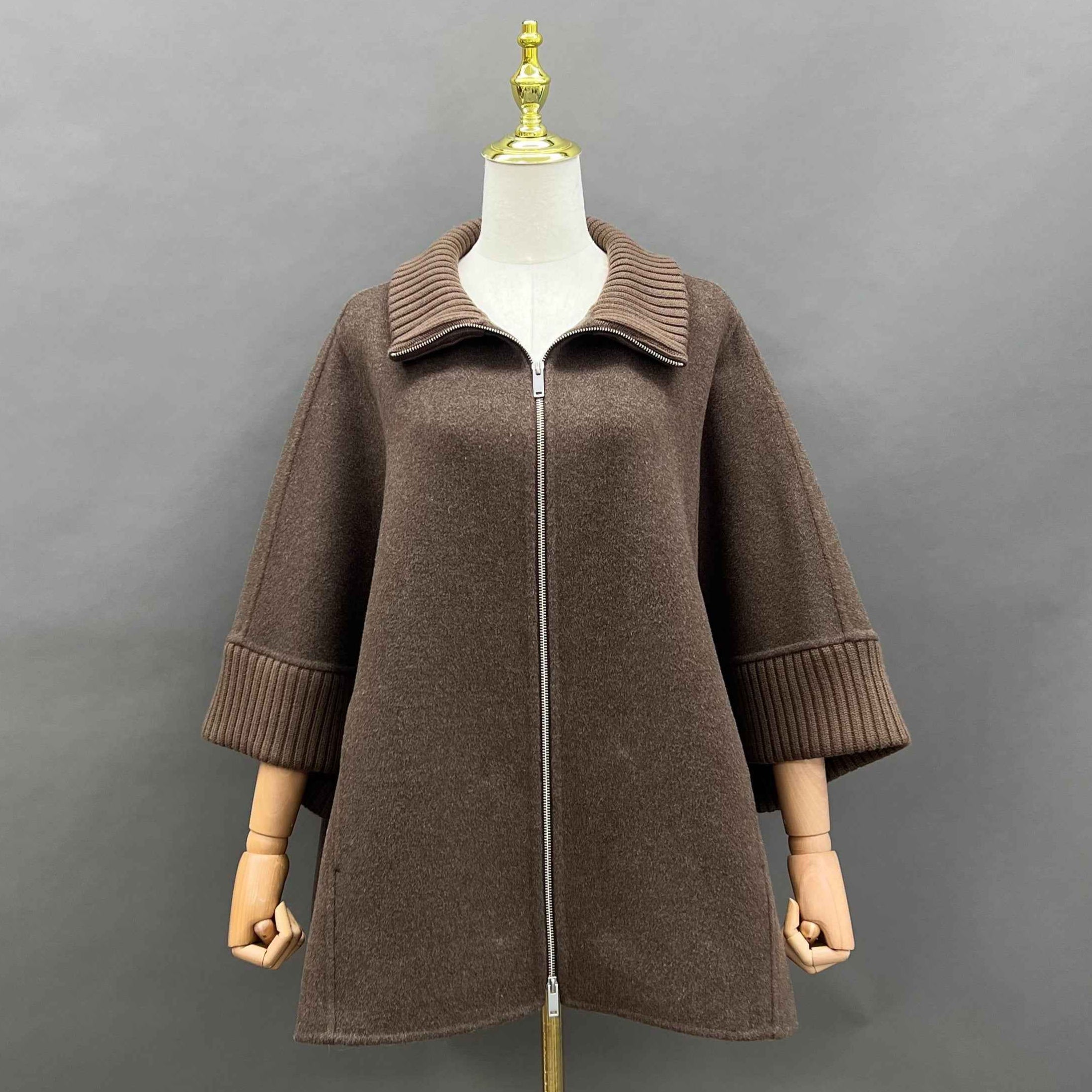 Autumn Winter Brown Cashmere Wool Coat with Zip & Ribbed Details