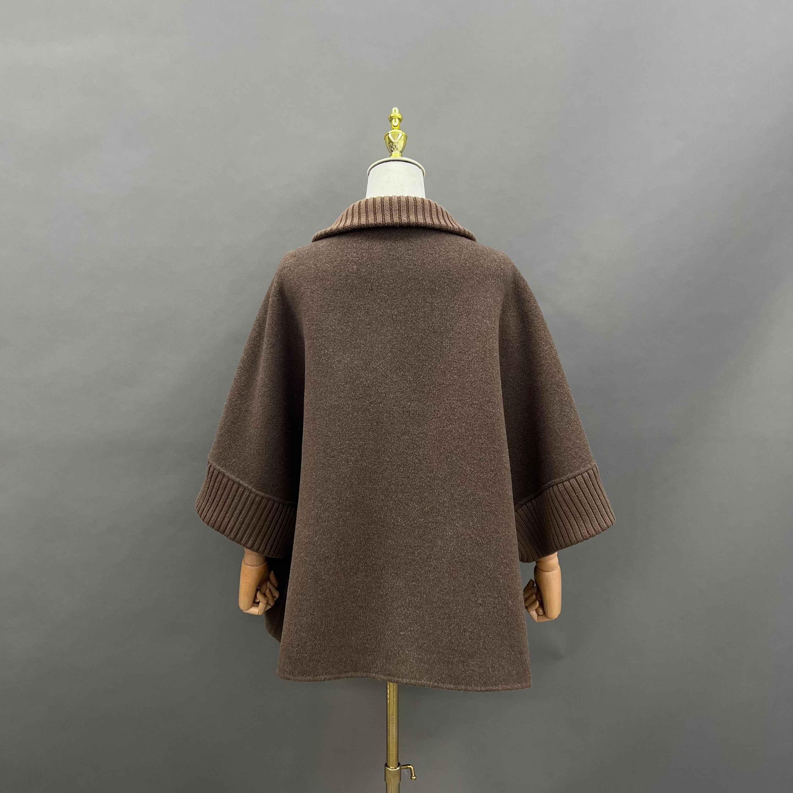 Autumn Winter Brown Cashmere Wool Coat with Zip & Ribbed Details