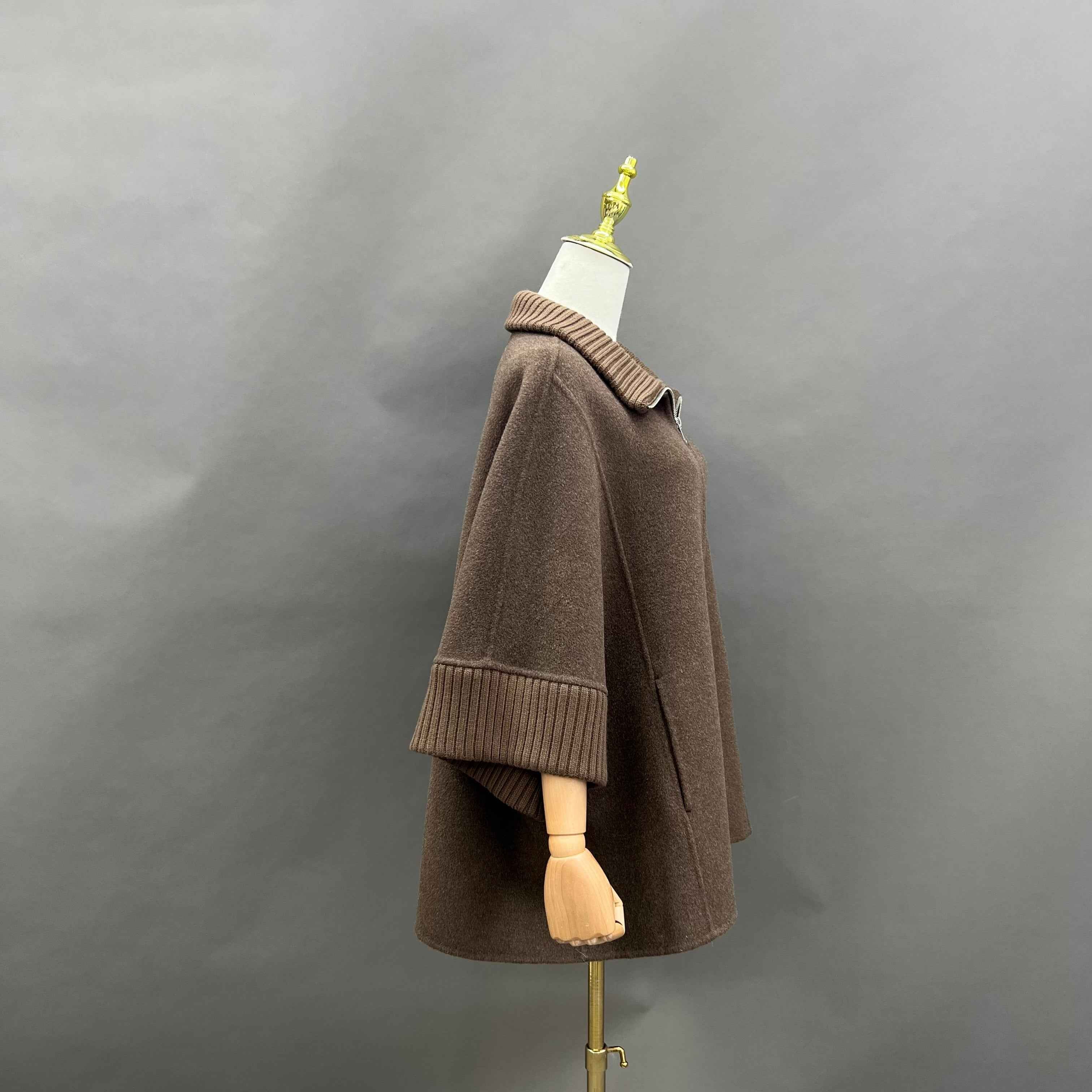 Autumn Winter Brown Cashmere Wool Coat with Zip & Ribbed Details