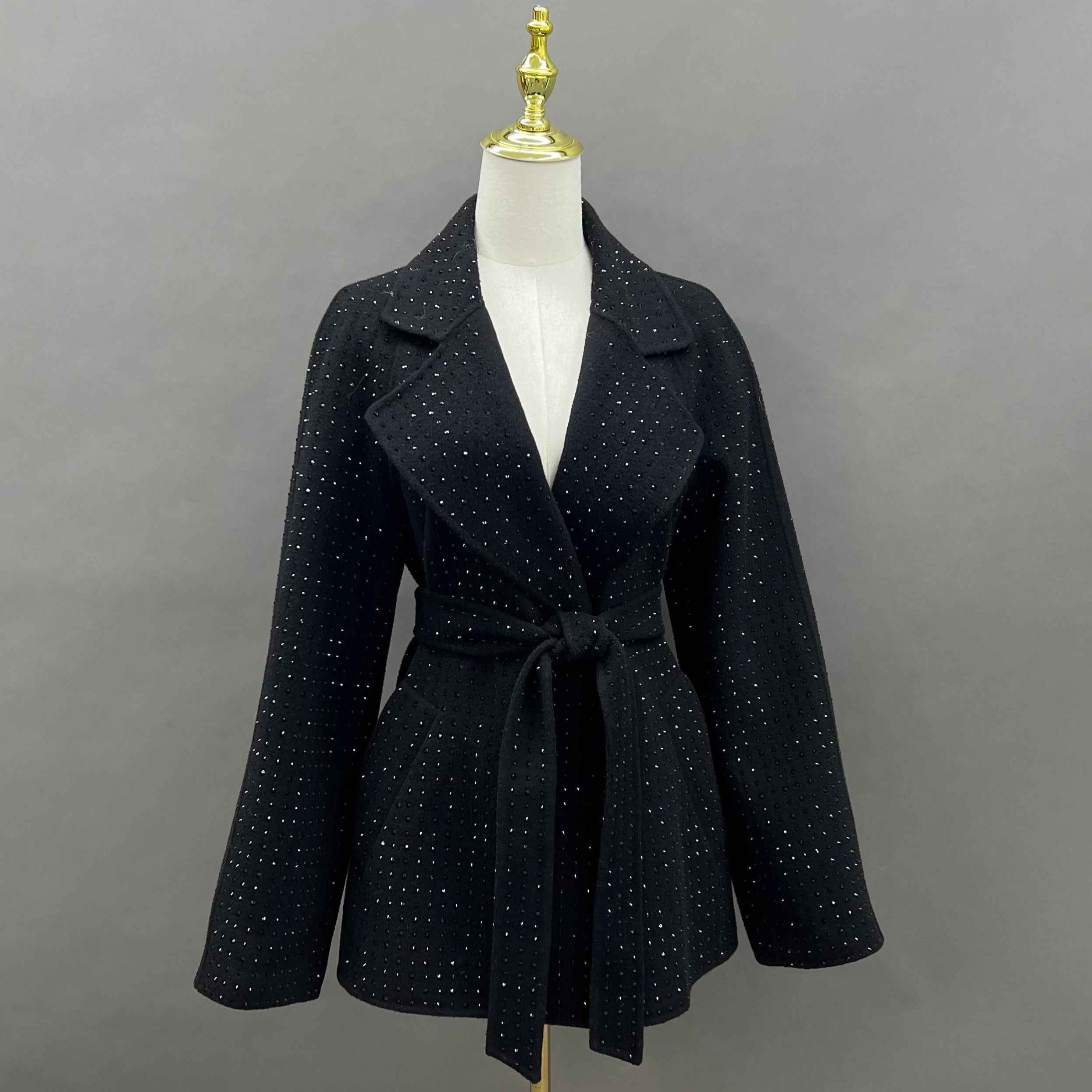 Women's Black Cashmere Double - Sided Embellished Coat with Tie Belt