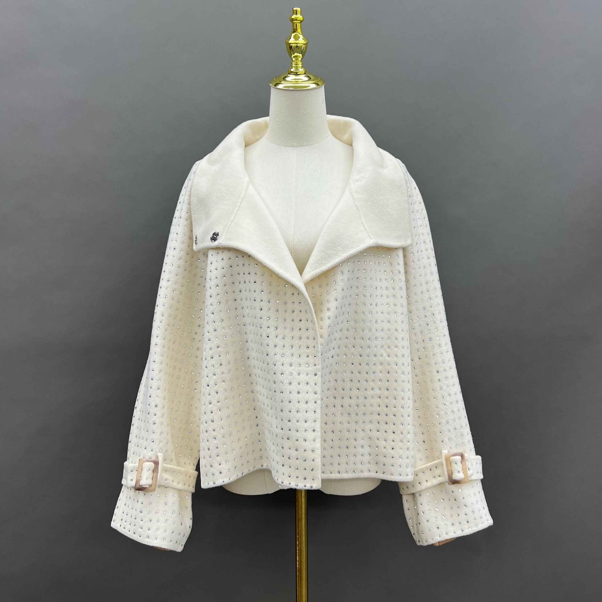 Women's Ivory Cashmere Double - Sided Coat with All - Over Diamond Embellishments